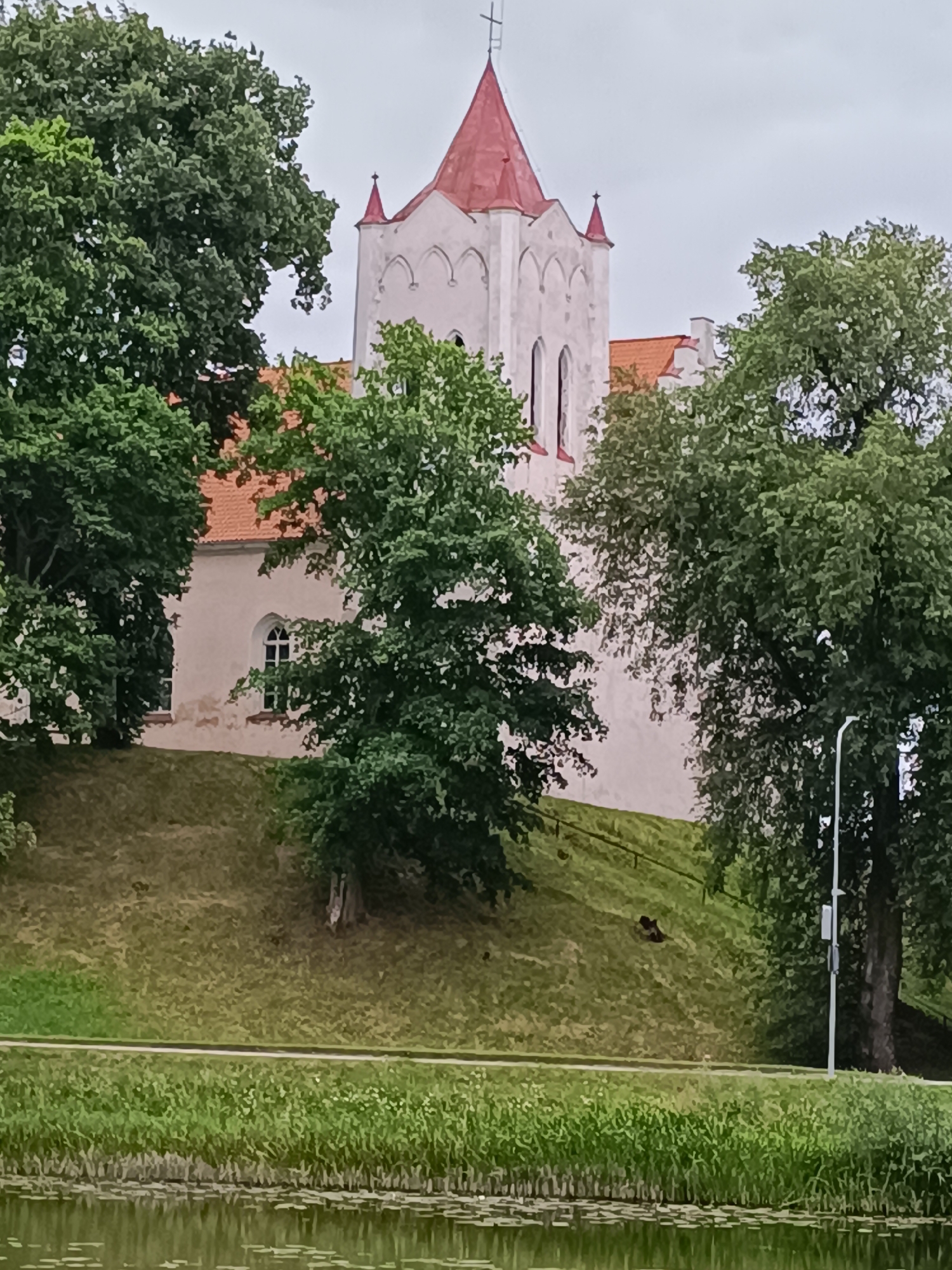 The image shows a view of the historic Aizpute Castle (Aizputes pils) in Aizpute, Latvia. The castle, with its distinct red-tiled roofs and white-washed walls, is situated on a grassy hill. A prominent tower with a red pointed roof, topped with a cross, dominates the skyline. Several tall trees with lush green foliage frame the castle and surround the hill, partially obscuring the structure. In the foreground, a body of water with lily pads is visible, bordered by a strip of green grass and a narrow pathway. The sky is overcast, suggesting a cloudy day. The overall scene depicts a serene and historical landscape.