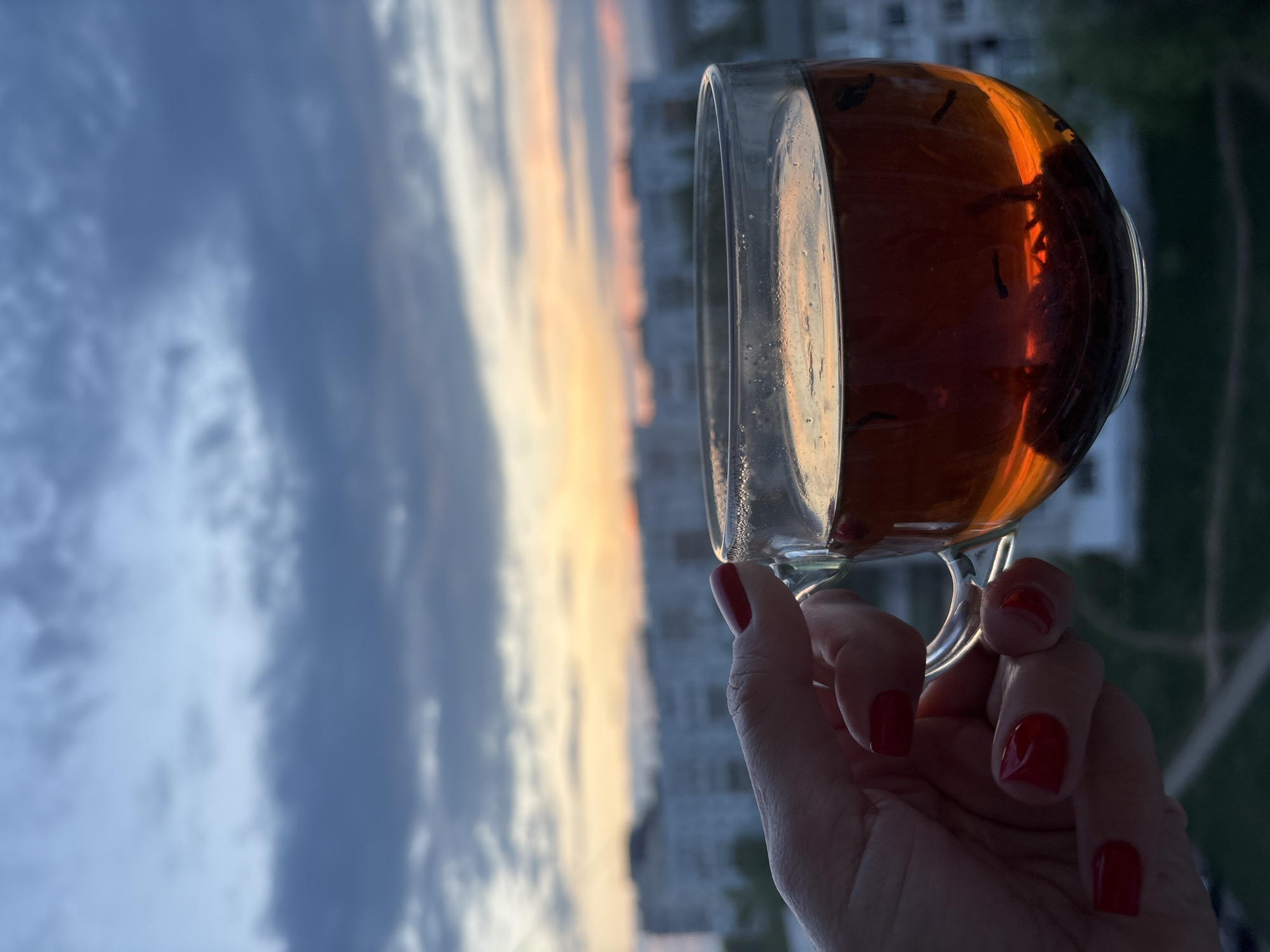 A person's hand, with red nail polish, holds a glass of tea or coffee against a backdrop of a cloudy sunset sky and buildings. Tea leaves are visible in the glass. The location could be Chaikovsky, Russia, considering the user prompt. Buildings can be seen in the background. The focus is on the cup of tea held up to the sky, possibly capturing a scenic moment.