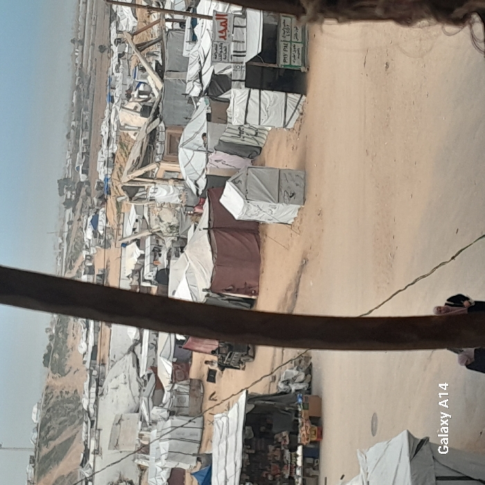 The image depicts a crowded, makeshift settlement in Khan Yunis, Palestinian Territory, characterized by numerous temporary shelters and tents spread across sandy, undulating terrain under an overcast sky. A prominent dark brown pole or tree trunk partially obstructs the foreground view on the right side.
The settlement comprises a dense arrangement of structures, primarily tents and shelters constructed from white, off-white, and maroon tarpaulins and fabrics, often featuring exposed wooden or metal frames. Many structures exhibit signs of wear, makeshift repairs, or incomplete construction. In the mid-ground, toward the center-left, a small, dark green utility vehicle is parked, with at least one person seated or standing nearby.
On the far left, a market stall, partially covered by a white canopy, displays various goods, including packaged items and possibly fresh produce, on tiered shelving. To the right of the market stall, several white rectangular tent-like structures are visible. Further to the right, a stand or kiosk features a sign in Arabic and English, including "PAY PAL USD."
In the background, more densely packed tents and shelters extend to the horizon, with barren, sandy hills beyond. Thin black wires or cables traverse the scene, extending from the foreground pole into the settlement. In the bottom-center foreground, two women, wearing head coverings and dark clothing, walk from right to left across a dirt path. The ground throughout the visible area consists of packed sand and dirt.