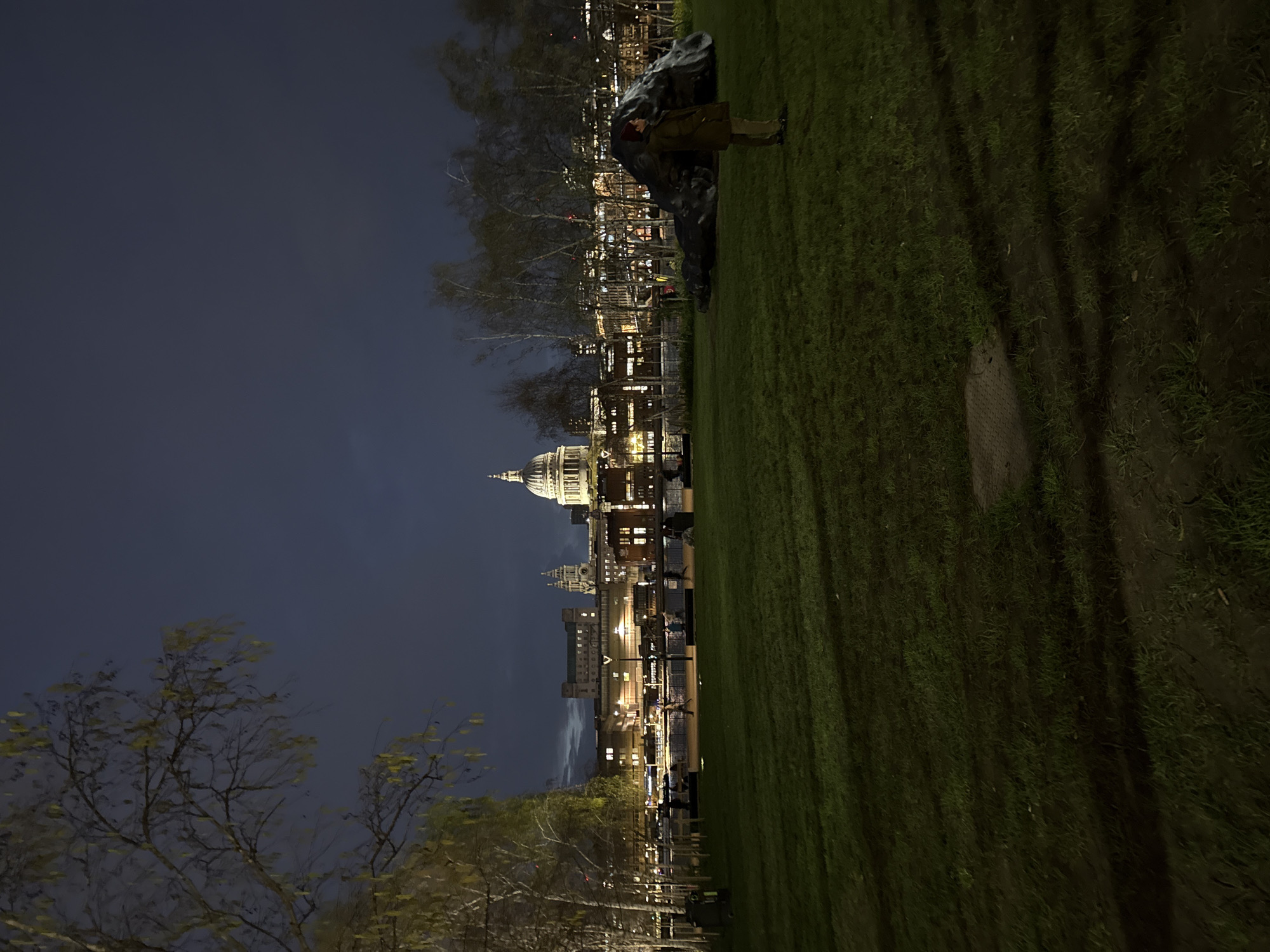 The image depicts an outdoor night scene in the city of London, United Kingdom, specifically from an open green space, likely on the South Bank of the River Thames, looking north towards the City of London. The prominent landmark in the background is the illuminated dome of St Paul's Cathedral, positioned slightly right of center. Below the cathedral, a collection of other multi-story buildings display numerous lit windows, indicating human activity.
In the foreground, a dark green grass lawn fills the lower half of the frame. On the right side of this lawn, a single individual stands, facing left. This person wears a dark olive-green jacket, light-colored trousers, and a dark red beanie. Their left arm is slightly raised. To the left and slightly behind this individual, a large, dark, irregularly shaped object, consistent with a modern sculpture, rests on the grass.
The midground features a paved pathway or promenade running horizontally across the scene, beyond which are several deciduous trees with pale trunks and sparse foliage, some illuminated from below. Multiple indistinct pedestrian figures are visible on this pathway. Streetlights and other artificial light sources illuminate the pathway and the surrounding trees. On the far left, two dark waste receptacles are visible near a group of trees. The sky is a dark blue-grey, suggesting either late dusk or night, with no stars visible.