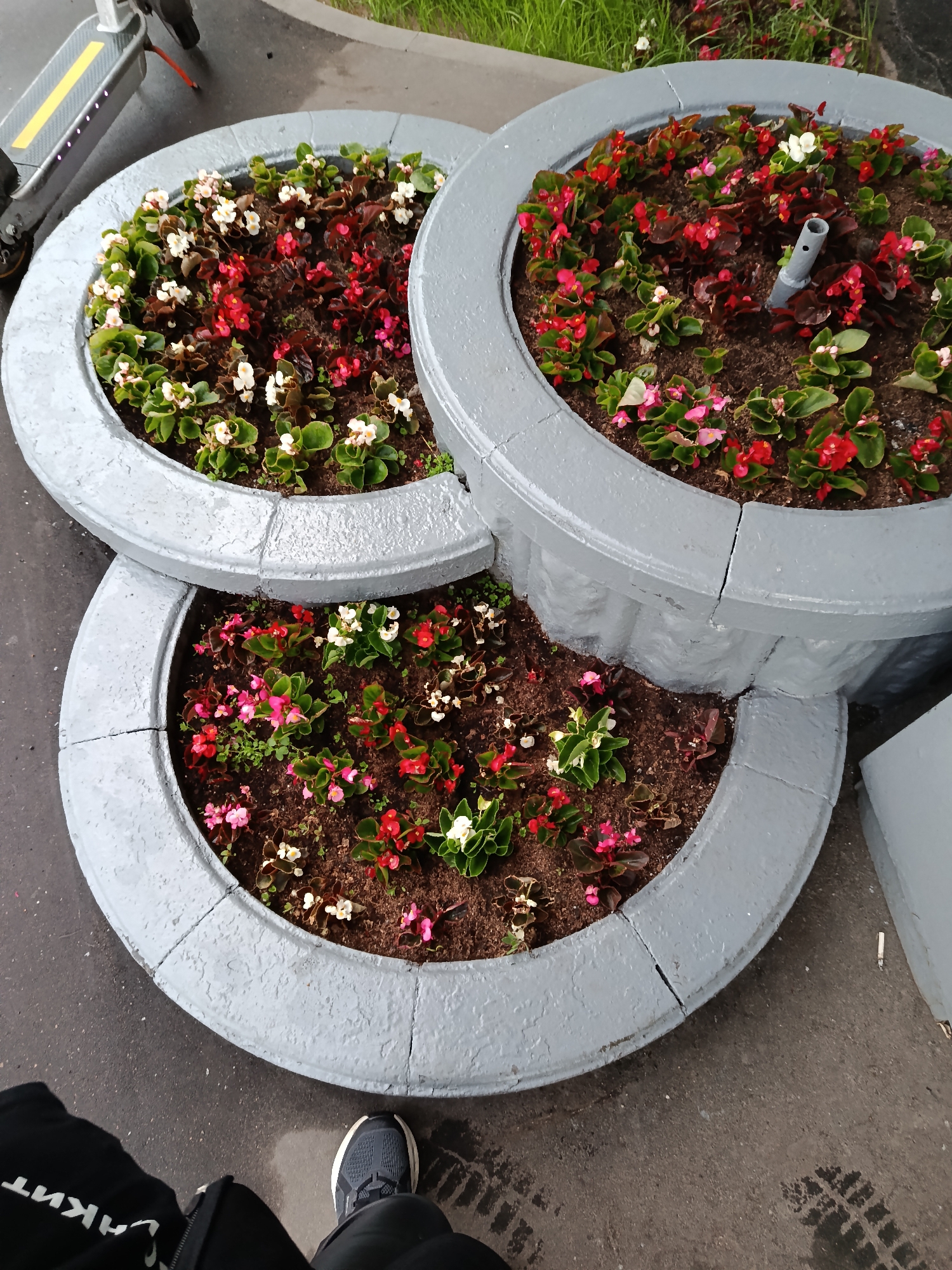 Three gray, circular concrete planters are stacked atop each other. Each planter contains a variety of begonias in shades of red, white, and pink. To the left, part of a gray electric scooter is visible. The ground is asphalt. In the lower left corner, a person's foot clad in a dark gray running shoe is partially visible, along with a black jacket or bag. The scene appears to be outdoors, likely in an urban setting in Moscow, Russia.