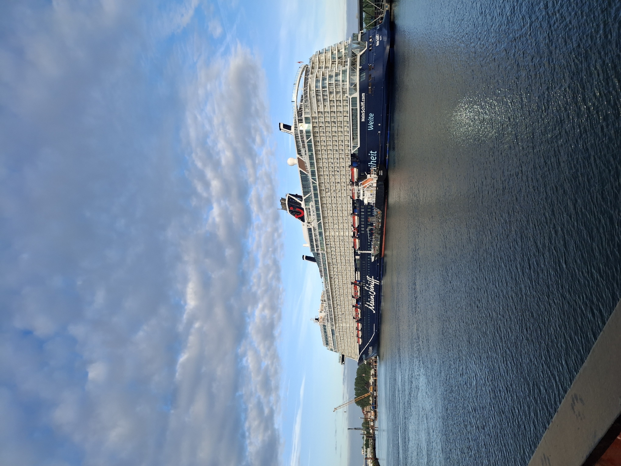 The image depicts the "Mein Schiff" cruise ship docked in Rostock, Germany. The ship is a large, multi-story vessel with numerous balconies and the words "Mein Schiff" and "Weite Freiheit" prominently displayed on its side. The water is dark and appears to be rippling. In the background, there are buildings and port infrastructure, including a yellow crane. The sky is partially cloudy. The photo seems to be taken from an elevated position. A railing is visible in the lower-right corner of the frame, suggesting the photographer is on a bridge or building.