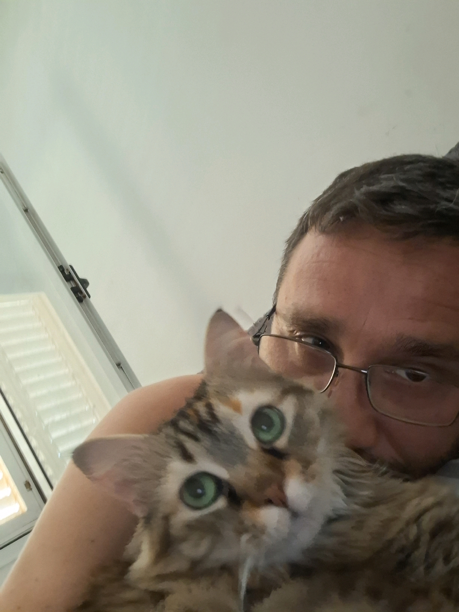 A close-up selfie shows a person holding a cat. The person, wearing glasses, is looking to the right. The cat, with green eyes, is looking at the camera. The background is a light-colored wall with a window on the left, featuring horizontal blinds and a window latch. The setting appears to be indoors, possibly a home in Yerocham, Israel.