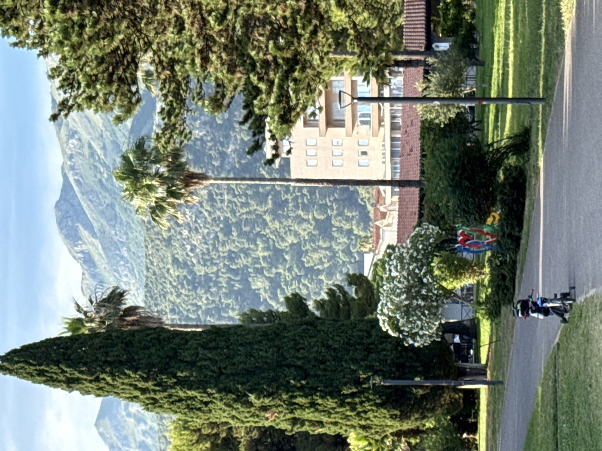The image depicts a scene in Budva, Montenegro, with a young child on a bicycle with training wheels on a paved path in the foreground. The child is wearing a helmet and a backpack. To the left, a tall cypress tree dominates the view, with a palm tree and lush green foliage behind it. In the middle ground, a modern building with multiple balconies is visible, partially obscured by trees. Further in the background, rolling hills covered in dense green vegetation rise to meet a range of majestic, rocky mountains under a clear blue sky. The overall environment suggests a sunny day in a park or recreational area.