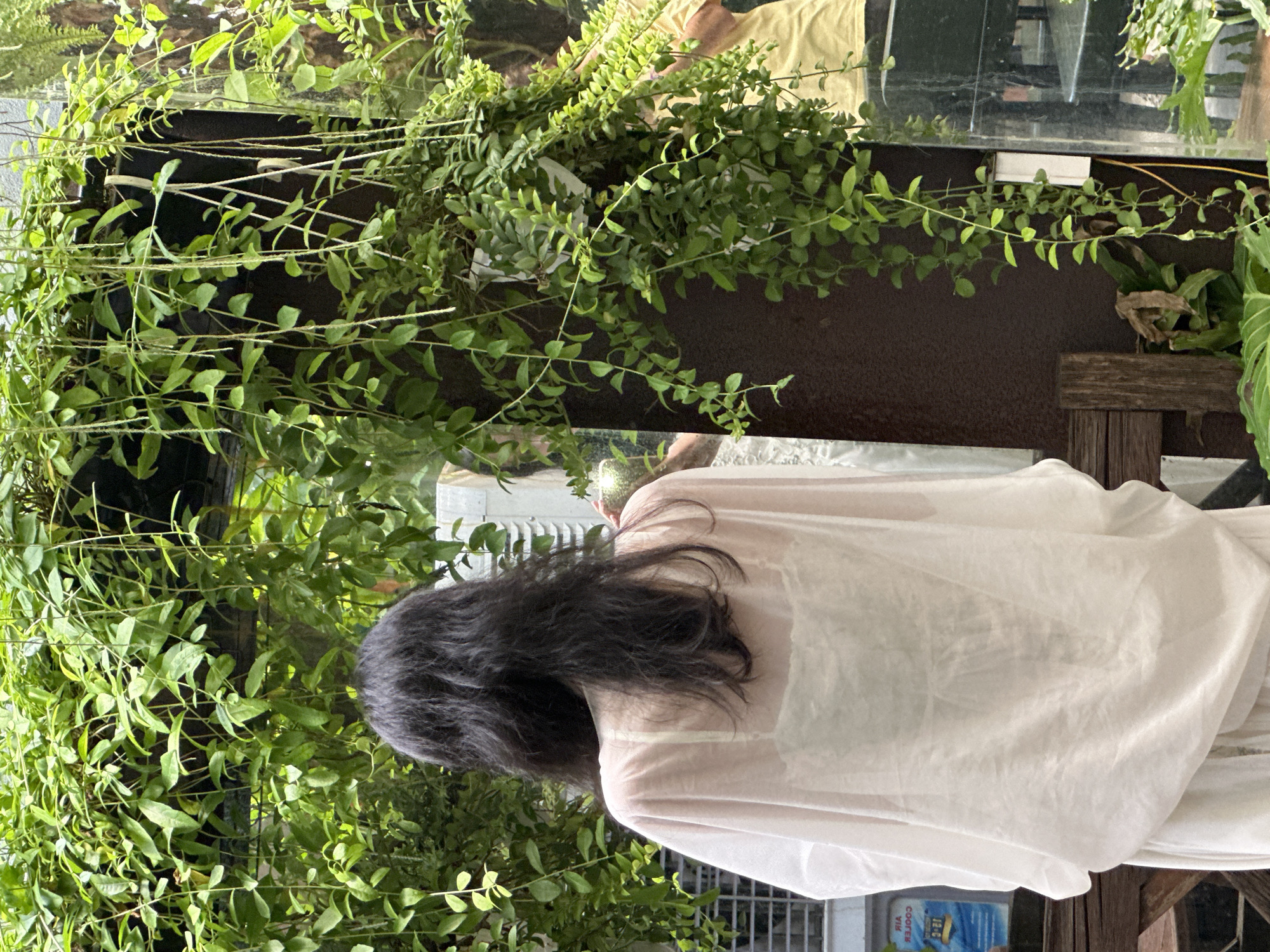 A person with long, dark hair is standing with their back to the camera, wearing a sheer white garment over a white tank top. They are positioned in front of a wall covered in lush, hanging green plants. The scene appears to be outdoors, possibly in a cafe or restaurant, with a rustic wooden bench visible in the foreground. A reflective surface, likely a mirror or glass, is present to the right, showing a glimpse of another person in a yellow shirt. A sign with Asian text and graphics, possibly for an air cooler, is affixed to a white structure on the left. The presence of the "AIR COOLER" sign and the overall outdoor setting suggests a location in a warm climate, consistent with Đà Nẵng, Vietnam.