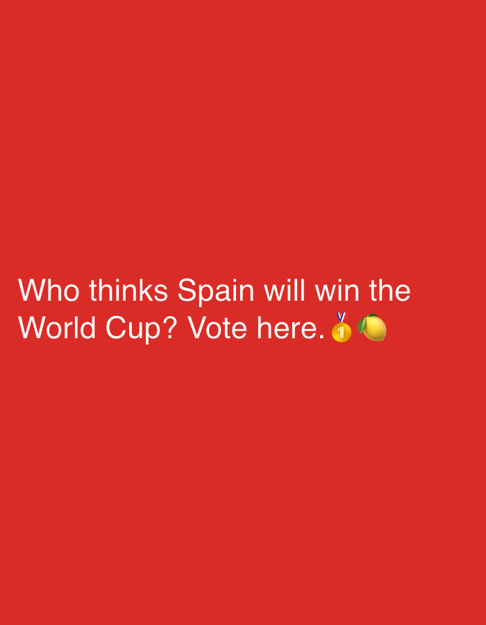 A red background features white text that reads "Who thinks Spain will win the World Cup? Vote here." To the right of the text are two emojis: a gold medal with a number "1" on it and a lemon. The image is not located in the city of Strășeni, Moldova; it is a digital image with no specific geographical context.