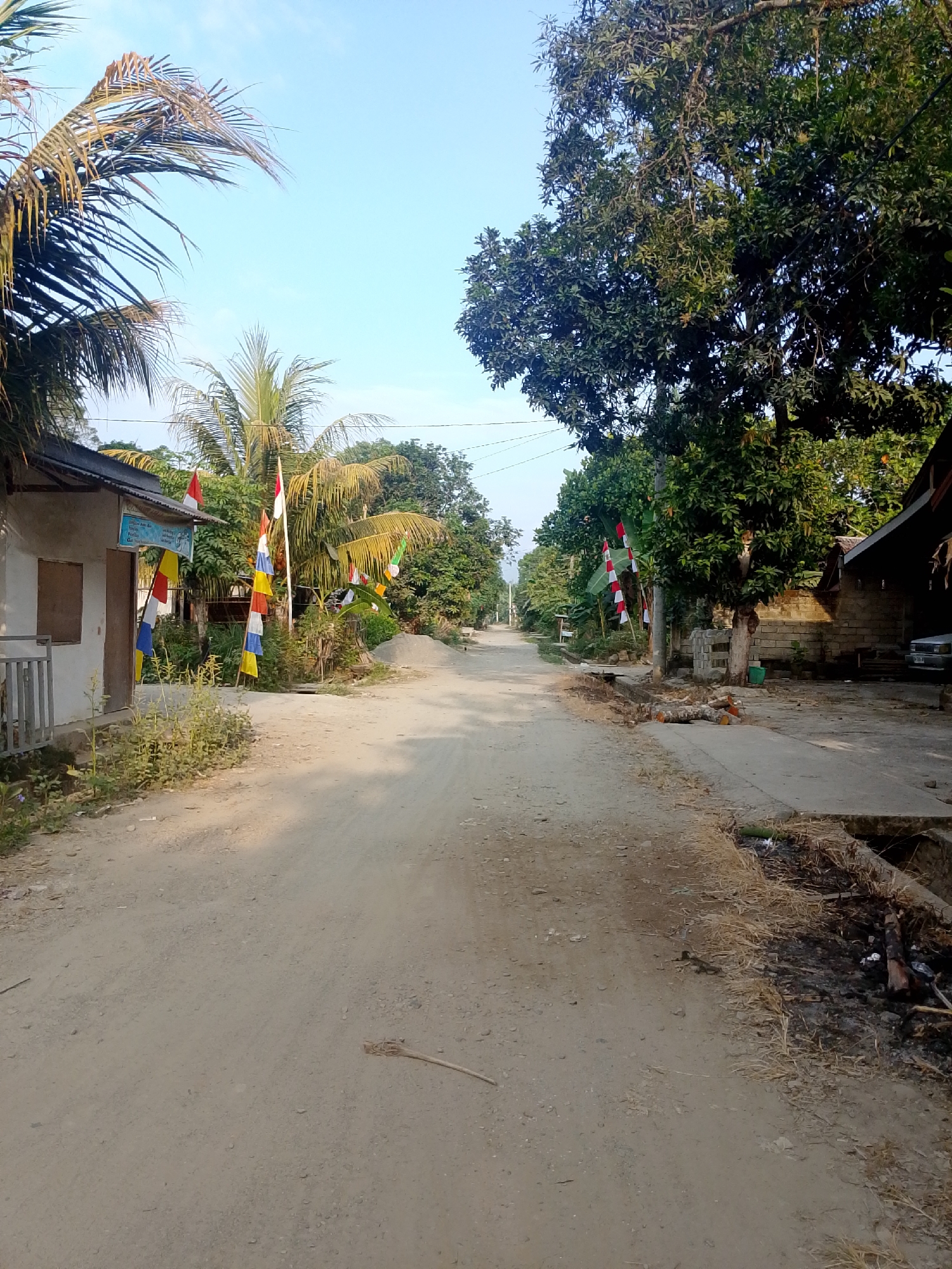 The image depicts a rural, unpaved road in Se'pon, Indonesia. The road is dusty and appears to be a residential area. On the left side of the road, there is a simple building with a corrugated roof and a white facade. Colorful flags, predominantly red and white, are planted along the roadside. These are Indonesian flags, indicating a national celebration or patriotic display. Tall palm trees are visible behind the building, and lush green foliage lines both sides of the road. On the right side, more trees, a brick wall, and a roof of a dwelling suggest more houses. A silver vehicle is parked near the dwelling. The sky is clear and blue. The overall impression is a peaceful, simple rural setting.