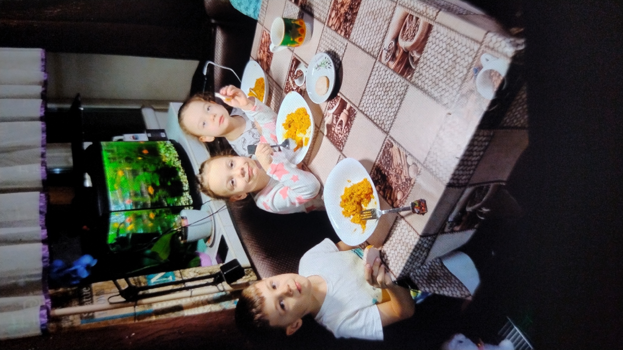 A boy and two girls are sitting at a table, eating. The table is covered with a checkered tablecloth. The boy is wearing a white t-shirt. The girl in the middle is wearing a white shirt with pink stars and is holding a fork. The girl on the right is wearing a grey shirt and is holding a piece of food. There are plates of food and a mug on the table. In the background, there is an aquarium with fish and a shelf with items. The scene appears to be indoors, possibly a dining room or kitchen. There are no specific visual cues to pinpoint the location to Mykolaiv, Ukraine.
