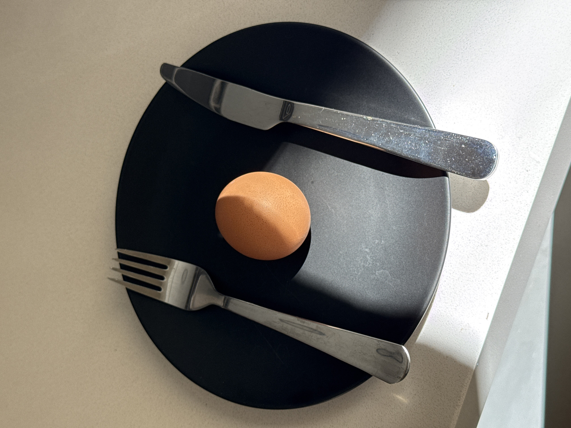 A top-down shot shows a brown egg centered on a matte black plate. A stainless steel fork lies on the bottom left of the plate, and a stainless steel knife lies across the top right of the plate. The plate rests on a light beige surface that appears to be a countertop, adjacent to a vertical white surface that resembles the side of a kitchen counter. The scene is brightly lit, casting shadows from the objects onto the plate and countertop. There is no indication of the location of this scene being in Barcelona, Spain.