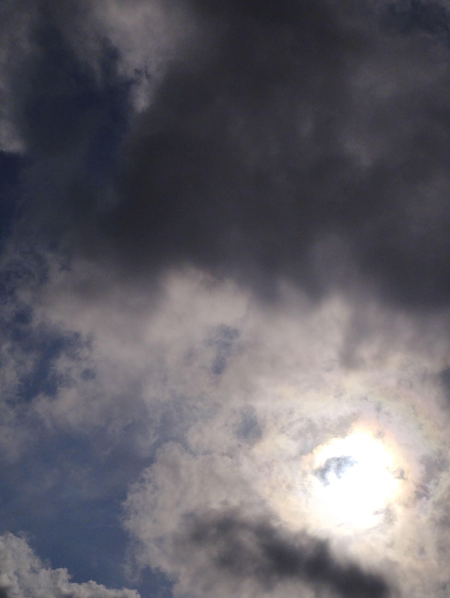 The image shows a cloudy sky with the sun visible through a break in the cloud cover. The location is unknown. There are no people or objects visible other than the clouds and the sun. The action is the presence of sunlight filtering through the clouds. The environment is an overcast sky.