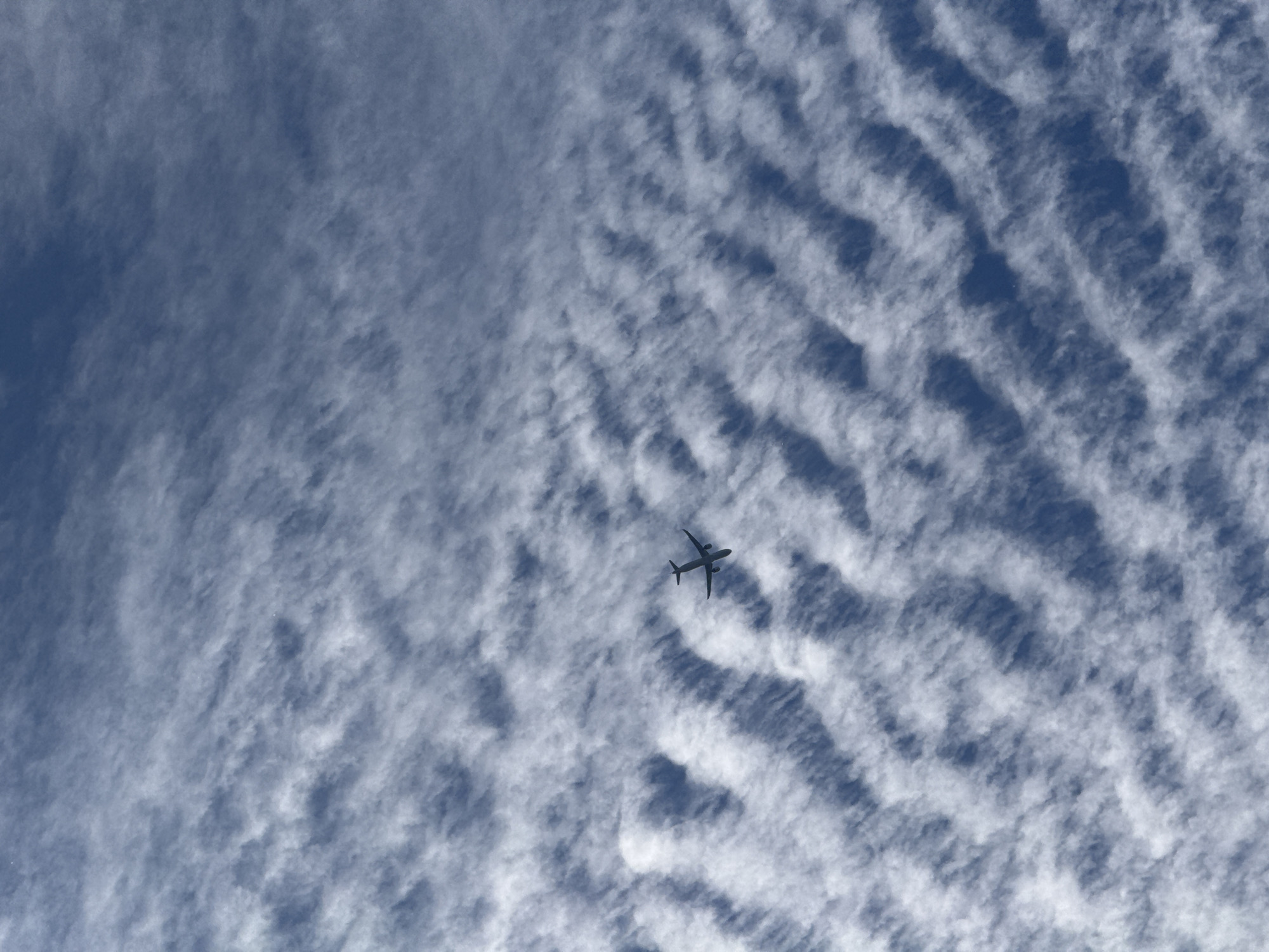 An airplane is depicted in silhouette against a blue sky filled with patterned clouds. The clouds appear as undulating, wave-like formations, with some areas appearing denser and brighter, and others more translucent, allowing the blue sky to show through. The airplane is small in the frame, positioned in the lower-left quadrant of the image, and appears to be flying away from the viewer or across the sky. The overall impression is of a vast sky with an airplane traversing it. There is no discernible location in Saint Petersburg, Russia, in this image.