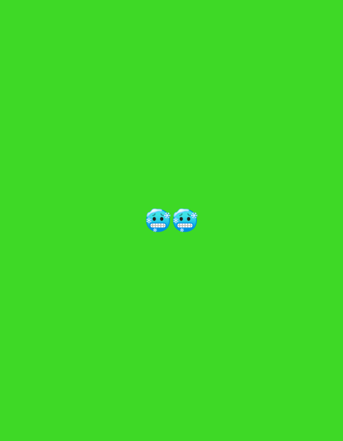 Two blue, round emojis with snowflakes on their cheeks and chattering teeth are centered on a bright green background.