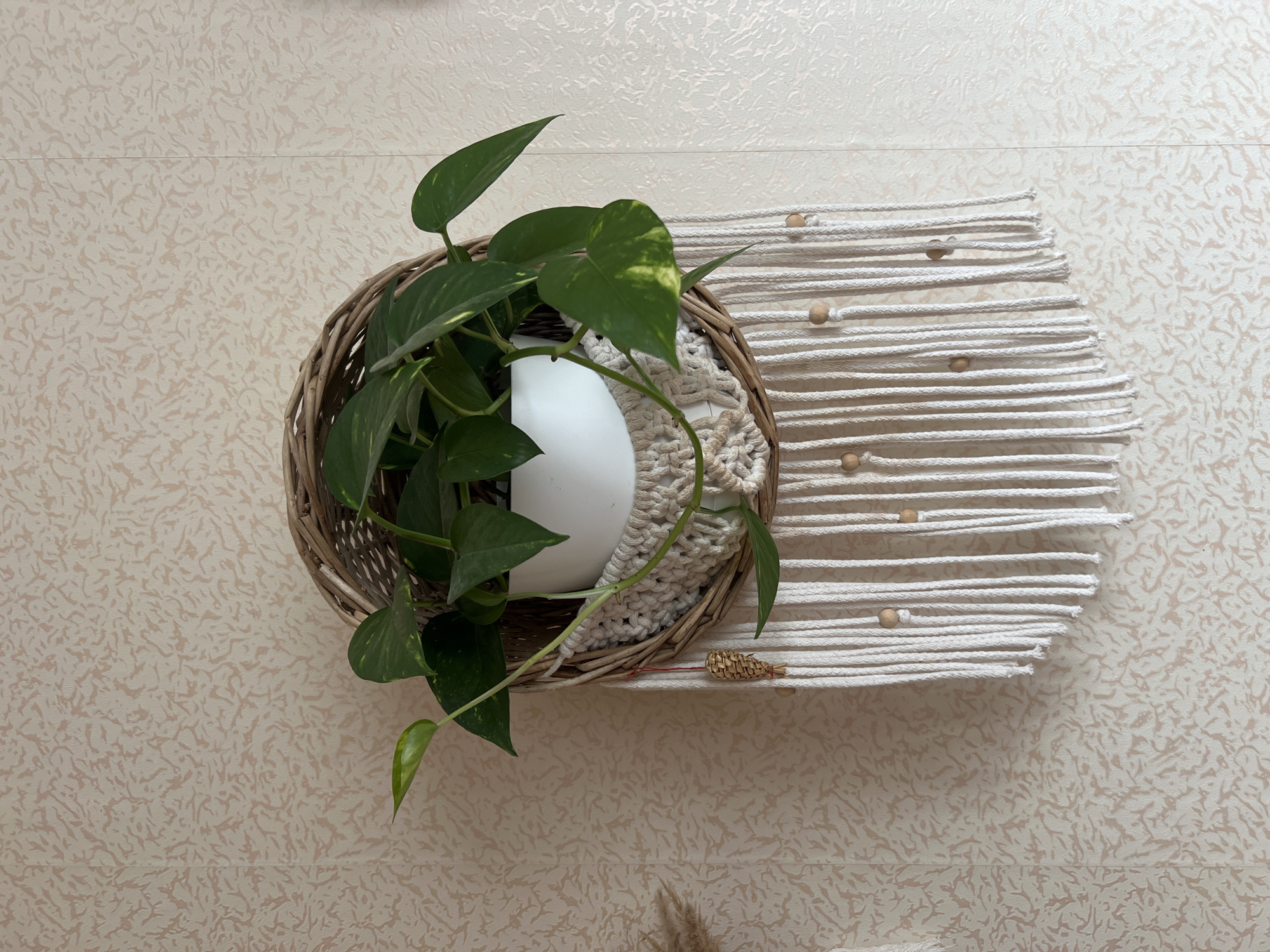 The image shows a macrame plant hanger with a white pot containing a green pothos plant. The hanger is made of white rope and decorated with wooden beads. A small, woven ornament hangs from the side of the basket. The plant hanger is attached to a wall with textured, light-colored wallpaper. The background is an indoor wall. The image does not contain any information about the city of Yakshur-Bod'ya, Russia.