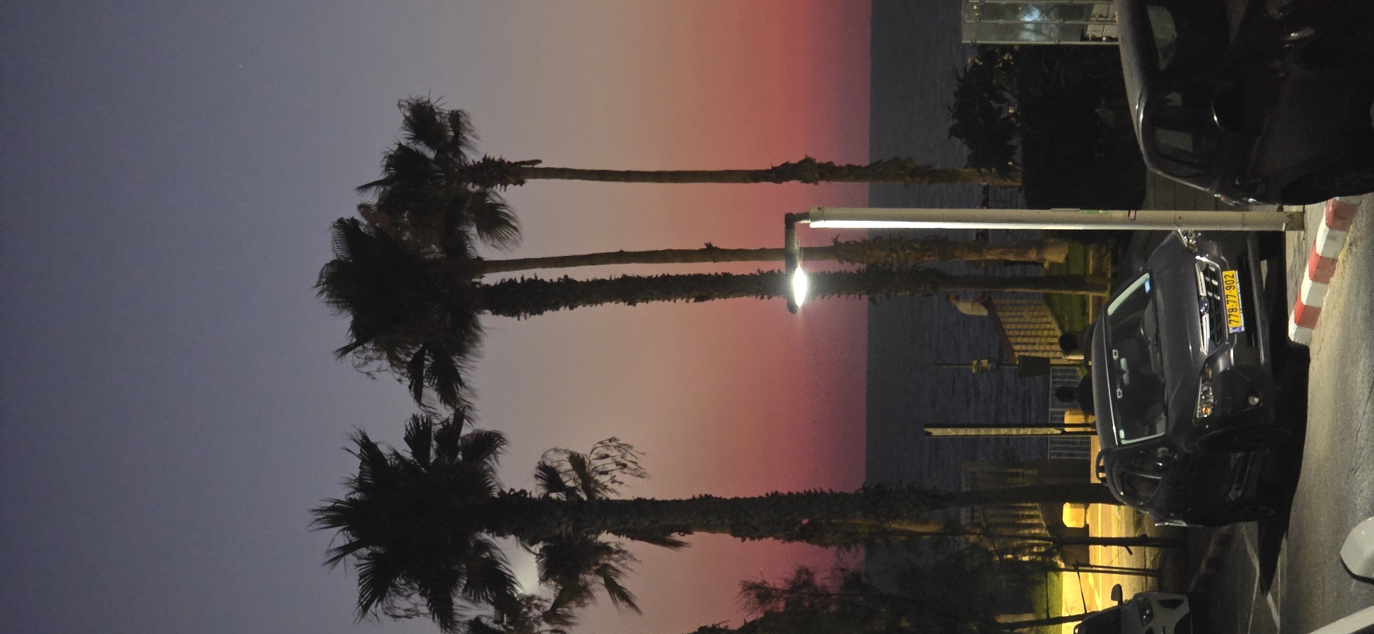 The image shows a street scene at dusk in Bat Yam, Israel, with a focus on palm trees, parked cars, and the ocean in the background. Several tall palm trees are silhouetted against a gradient sky that transitions from a dusky blue at the top to shades of pink and purple near the horizon. The ocean is visible as a dark, calm body of water.
In the foreground, a dark gray Subaru SUV is parked on the street, facing the viewer. Its license plate, which appears to be Israeli, reads "778-77-902". Next to it, another dark-colored car is partially visible on the right side of the frame. A street lamp with a bright white light stands tall next to the Subaru, illuminating the immediate area.
In the midground, beyond the cars and palm trees, there are hints of a promenade or walkway with railings. A single individual, wearing a light-colored shirt, is seated on the railing, looking out towards the ocean. Other individuals are visible as dark silhouettes in the background, near the water's edge. The overall atmosphere suggests a peaceful evening by the sea.