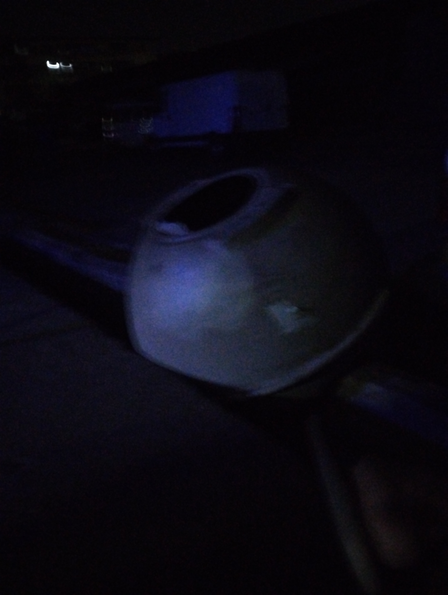 A light-colored trash receptacle lies on its side on a dark surface. The opening of the receptacle is visible. Two metal rods extend from the bottom of the receptacle. The image is dark. In the background, lights and a dark shape can be seen. I cannot identify the specific location in Fegge, Nigeria. There are no people in the image.