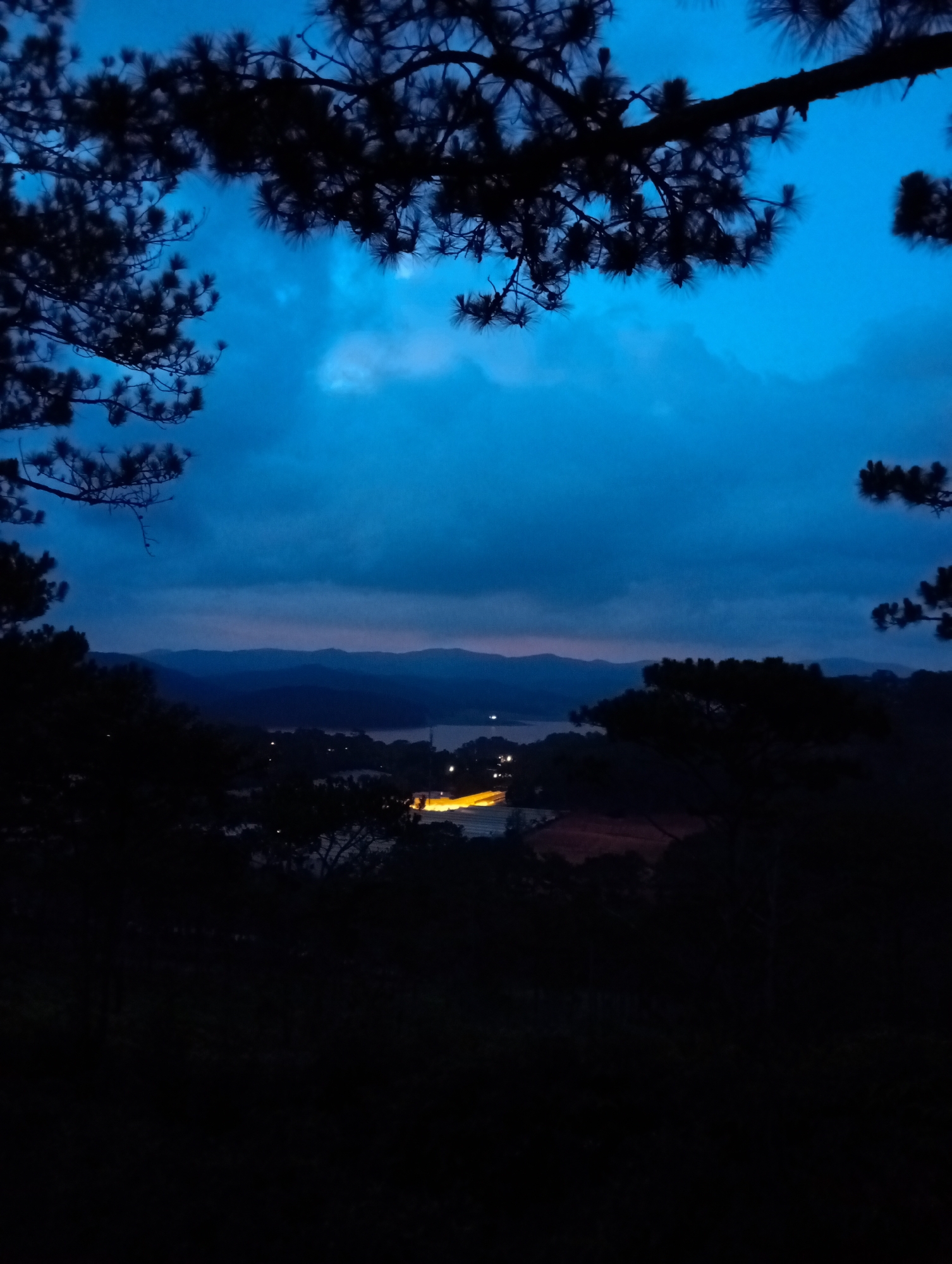 The image presents a nighttime view overlooking the city of Lạc Dương, Vietnam. Silhouetted evergreen trees frame the top and sides of the image, and the city lights appear in the distance, separated by mountainous terrain and a body of water. In the far background, layered mountain ranges fade into the twilight sky. The sky exhibits hues of blue and gray, indicating either dusk or dawn. The foreground is largely dark, suggesting the viewpoint is from a higher elevation and is obscured by shadows.