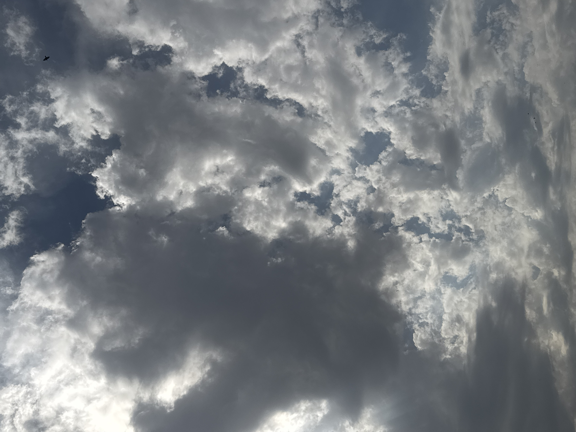 A view of a cloudy sky from Bishkek, Kyrgyzstan. The sky is filled with a mix of dark and light gray clouds, with patches of blue sky visible. The sun is shining through some of the clouds, creating bright, luminous areas. The overall impression is one of a dynamic and somewhat dramatic sky.