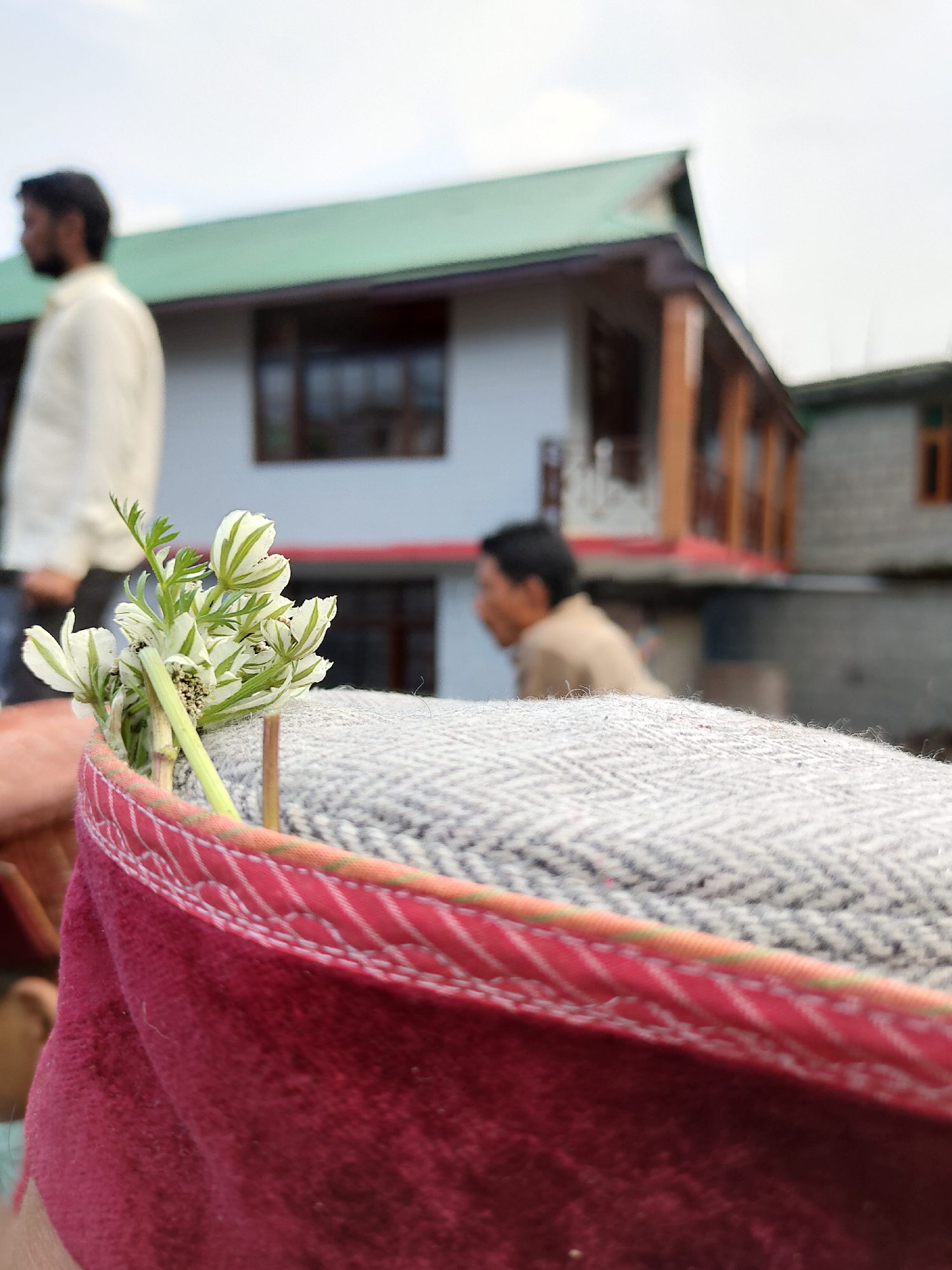 A close-up, low-angle shot focuses on a bouquet of white and green flowers with delicate petals, their stems emerging from a textured gray fabric. The fabric is bordered by a vibrant pink material with decorative stitching, suggesting it's part of a bag or cushion. In the blurred background, a traditional house with a green roof stands under an overcast sky. Two men are visible in the distance; one on the left, wearing a light-colored shirt, and another on the right, in a light brown shirt, partially obscured by the foreground elements. The scene is set in Burwa, India.