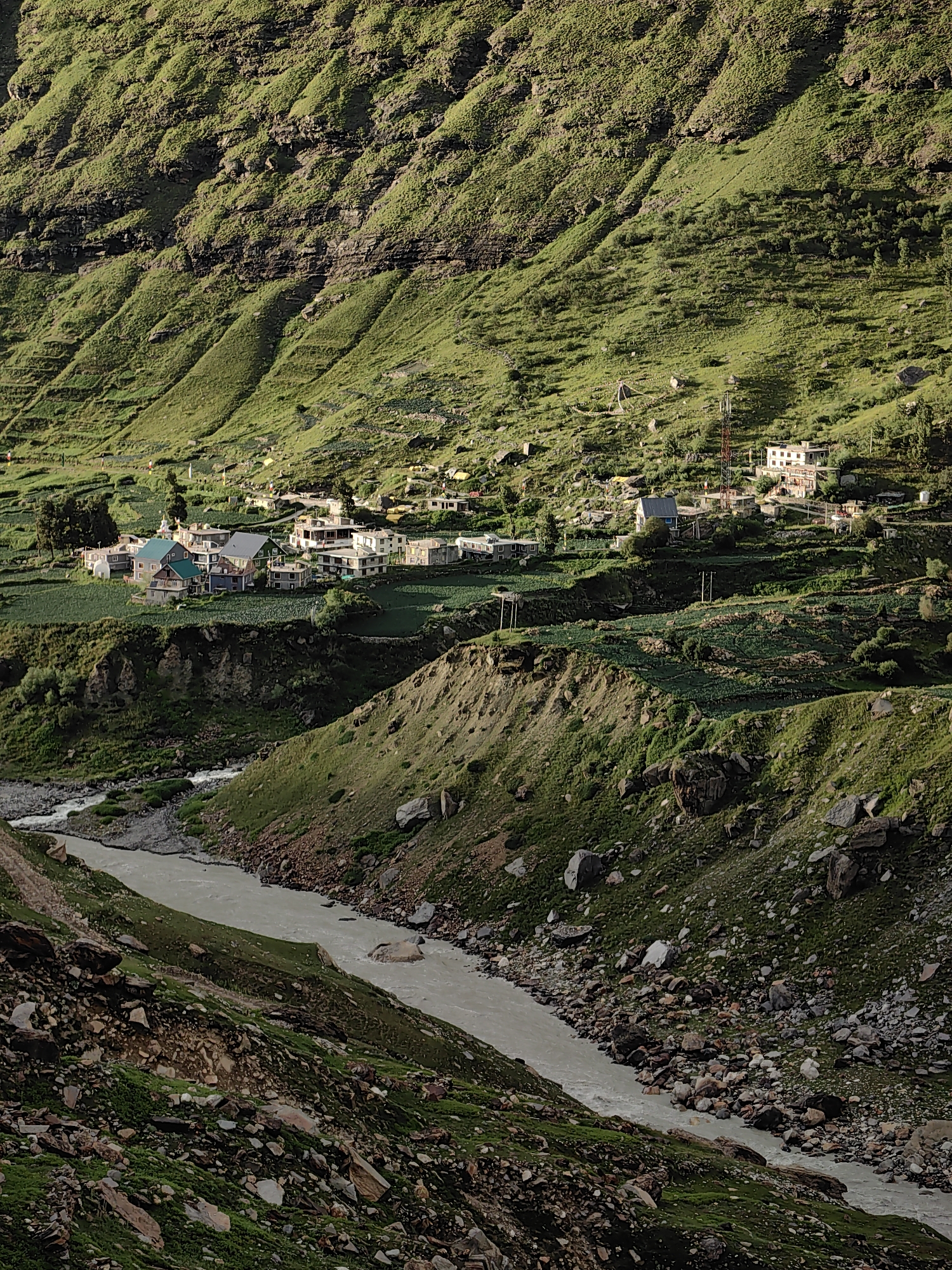 This is a high-angle, full shot of a village nestled in a steep, green mountain valley in Yari-Khoksar, India. A muddy river flows through the valley in the foreground, bordered by rocky, grassy slopes. Several houses, some with red-tiled roofs, are clustered together, surrounded by terraced fields. A telecommunications tower is visible near one of the houses. The mountain slopes are covered in lush green grass, with visible rock formations and patches of bare earth. The lighting suggests it is late afternoon, with sunlight casting long shadows. There are no people visible in the image.