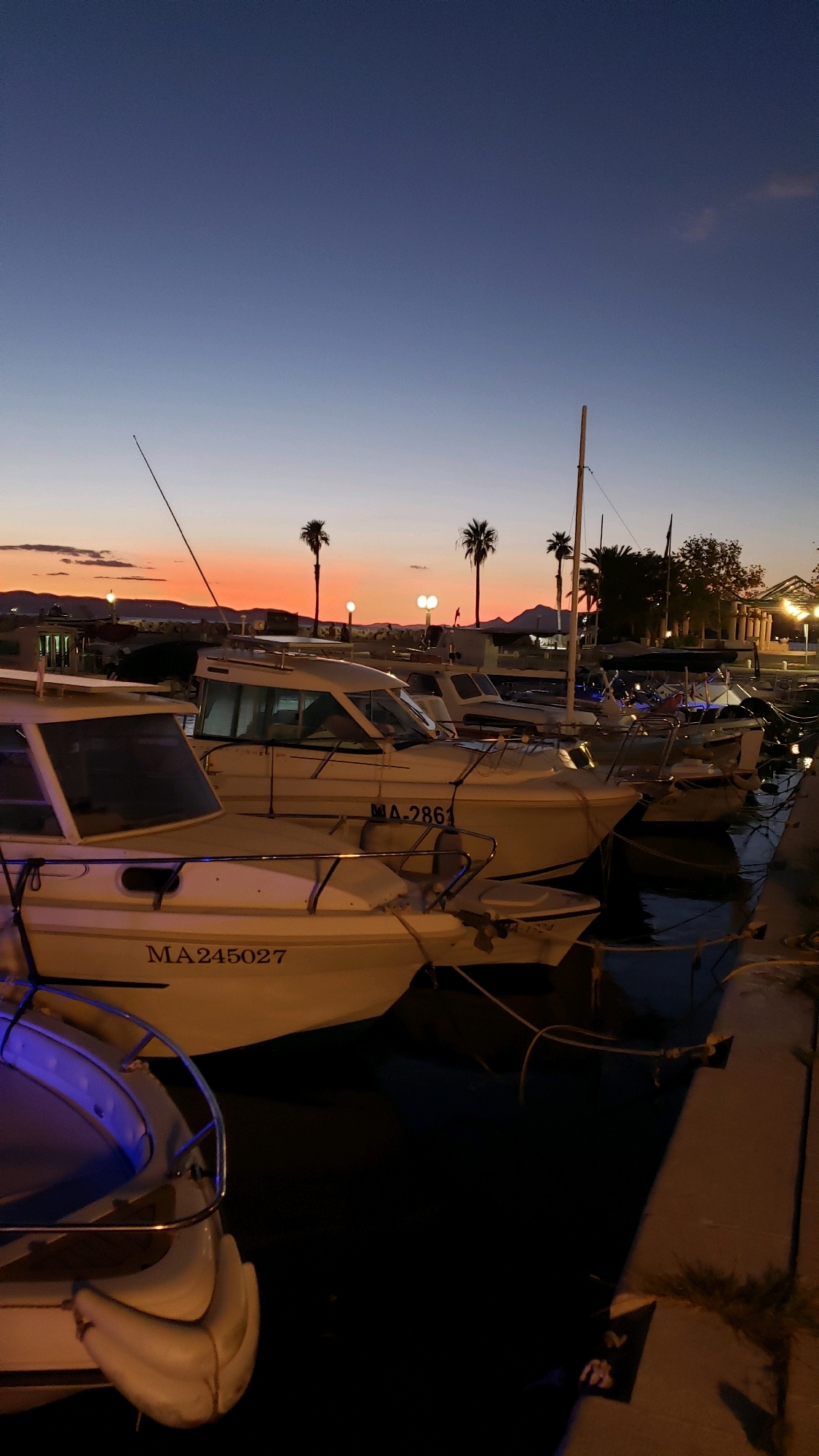At dusk, several boats are docked at a harbor in Općina Tučepi, Croatia. The sky is a deep blue, transitioning to orange and pink near the horizon. Palm trees are silhouetted against the sky, and lights are visible in the distance. The boats, of various sizes and styles, are moored along a concrete walkway. One boat in the foreground has the registration number "MA 245027" visible. The water is dark and reflects the lights from the harbor.