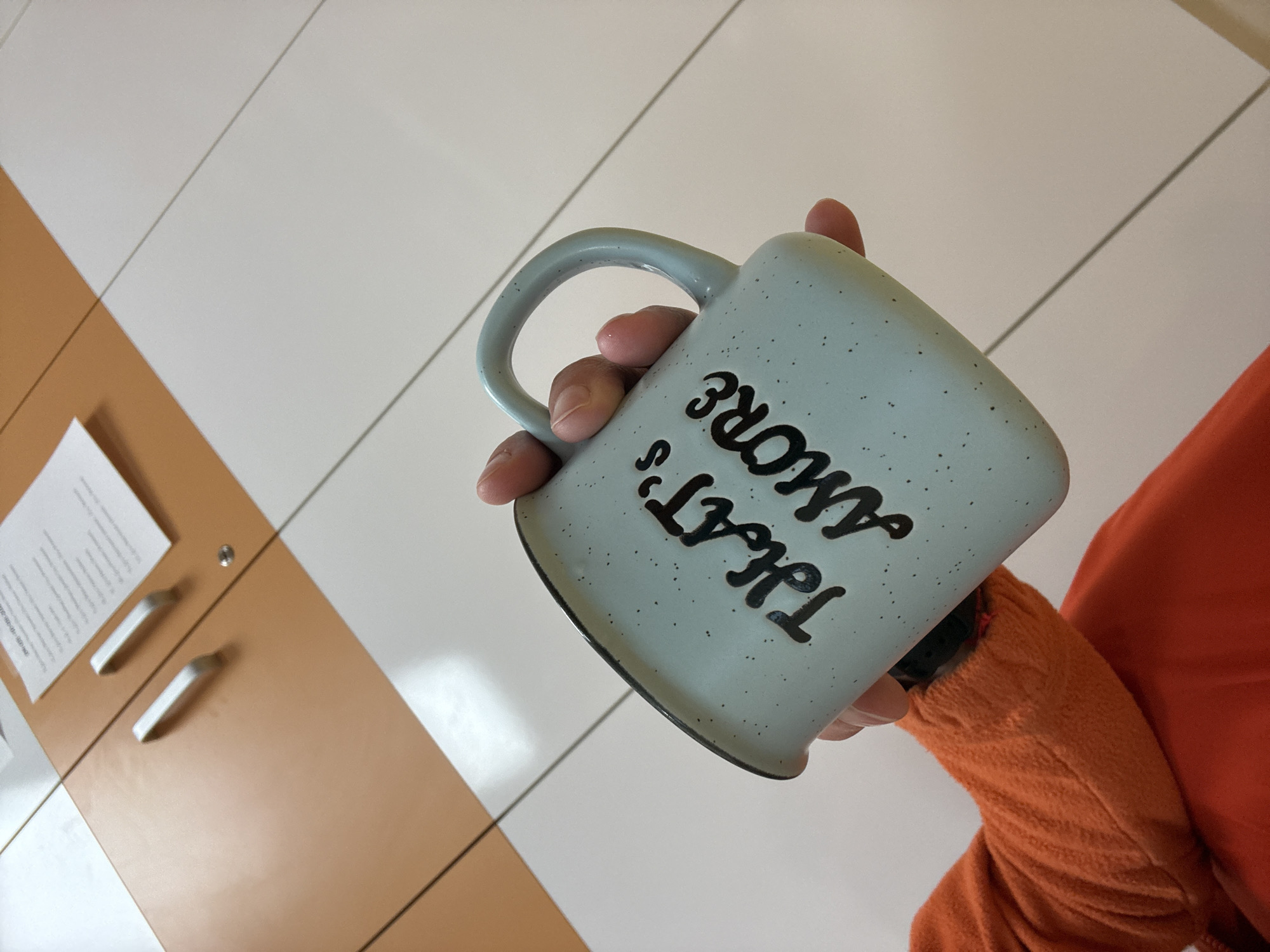 A hand is holding a light blue speckled mug with the words "That's Amore" written in black script. The background shows a cabinet with light tan and white panels. A document is affixed to the cabinet with silver-colored pulls on one of the panels. The scene appears to be indoors. I am unable to determine the location within the city of Pleven, Bulgaria, from this image alone.