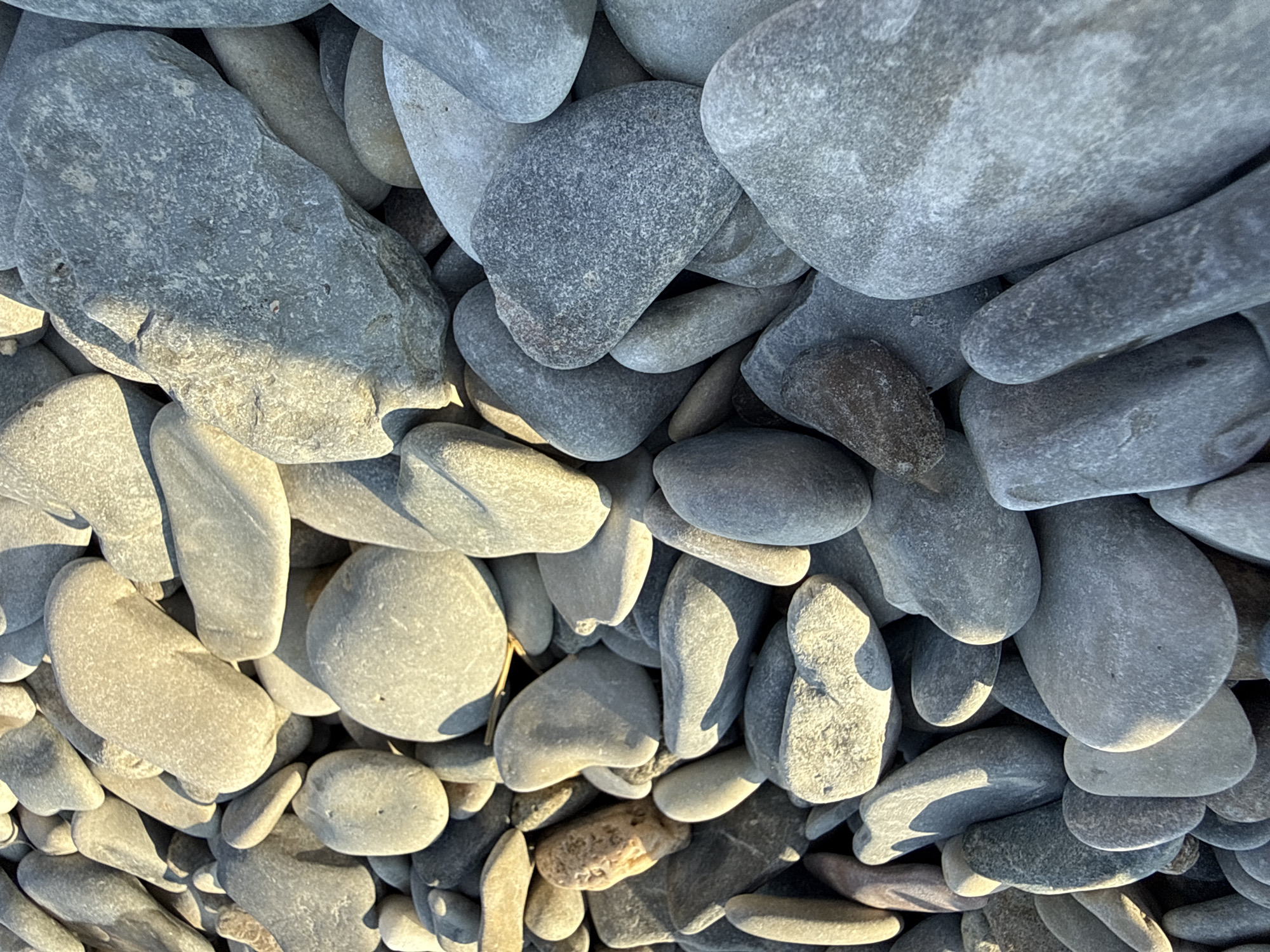 The image shows a close-up, overhead view of a dense collection of smooth, rounded pebbles and stones on a beach. The stones vary in size, shape, and color, ranging from light grey and tan to darker grey and blueish hues. Many of the stones are partially illuminated by sunlight, creating strong shadows that emphasize their three-dimensional forms. The texture of the stones appears rough in some areas, while others are polished smooth. The setting is consistent with a pebble beach, likely in Gelendzhik, Russia, known for its pebble beaches along the Black Sea coast. No people or specific actions are depicted; the focus is solely on the arrangement and visual characteristics of the stones.