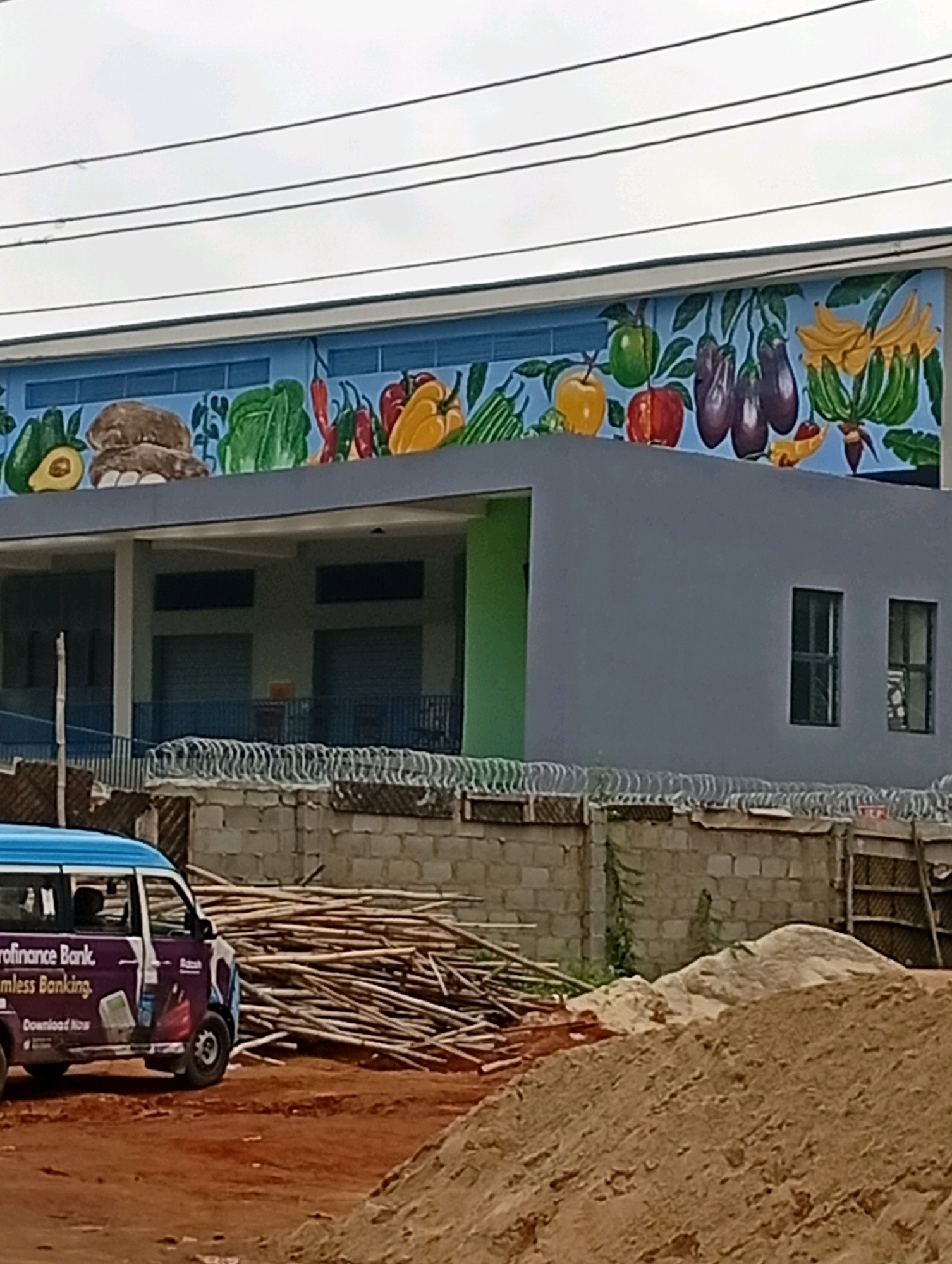 The image depicts the exterior of a building in Lagos, Nigeria, featuring a colorful mural of fruits and vegetables across its upper facade. The mural includes a variety of produce such as avocados, onions, lettuce, peppers, eggplants, and bananas, painted in bright, bold colors against a light blue background. Below the mural, the building has a modern design with a grey-colored upper section and a green accent wall. The ground floor appears to have shuttered windows or doors, suggesting commercial or retail spaces.
In the foreground, a purple and white van with the branding "Profinance Bank" is parked. The van has text that reads "Seamless Banking" and "Download Now", indicating its purpose as a mobile banking unit or promotional vehicle for the bank. Adjacent to the van, a large pile of wooden poles or bamboo stalks is stacked, characteristic of construction materials often seen in developing urban environments. Behind the building, a low wall topped with barbed wire serves as a security measure. The ground is a mixture of red earth, sand, and some sparse vegetation. The overall scene suggests a developing area within the city of Lagos, with ongoing construction or preparation for business operations. The presence of the van and the mural hints at an urban setting where commercial activity and public art coexist.