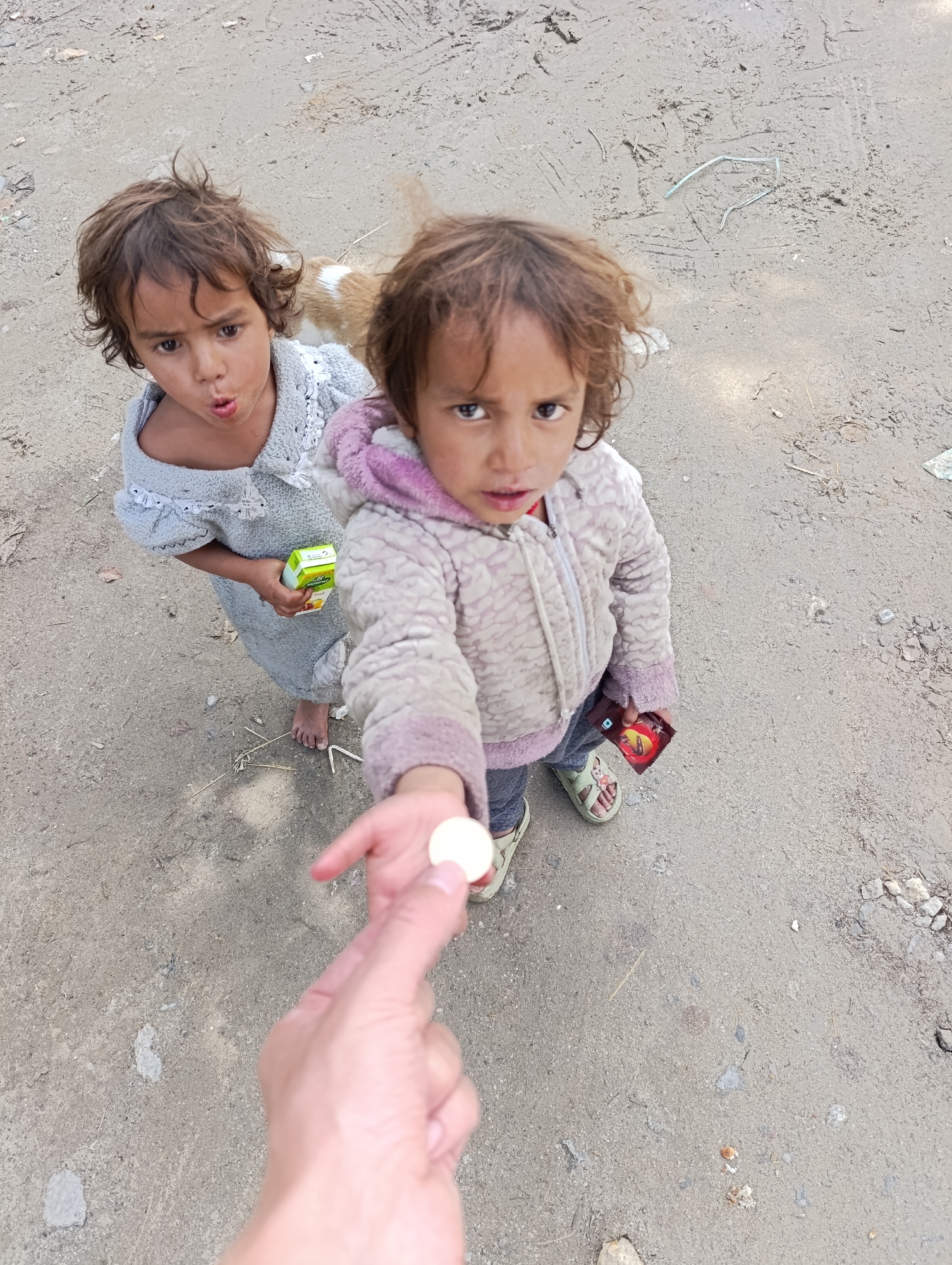 In Barheta, India, two young children are the central focus of this image, shot from a high angle. The child on the right, wearing a light pink, fuzzy hooded jacket over grey leggings and sandals, extends a coin towards the viewer. The child on the left, in a light grey dress with white lace trim, holds a small green juice box and looks towards the viewer with an open mouth. Both children have dark, messy hair and appear to be of Indian descent. A small, tan and white dog is partially visible in the background. The ground is a dusty, dirt surface with scattered debris. The overall scene suggests a moment of interaction, possibly involving a transaction or an act of charity.