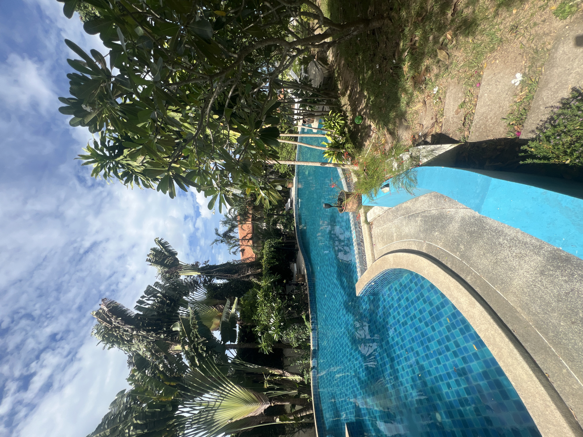 A tropical resort pool area is depicted under a partly cloudy sky in the Ko Samui District of Thailand. The turquoise swimming pool, tiled with small blue squares, dominates the foreground, curving to the left. A beige concrete walkway with a bright blue border encircles the pool's edge. Lush green vegetation, including palm trees and leafy bushes, surrounds the pool, creating a sense of a tropical paradise. In the background, a red-tiled roof of a building peeks through the foliage. Sunlight casts shadows across the scene, indicating a bright day. There are no people visible in the image.