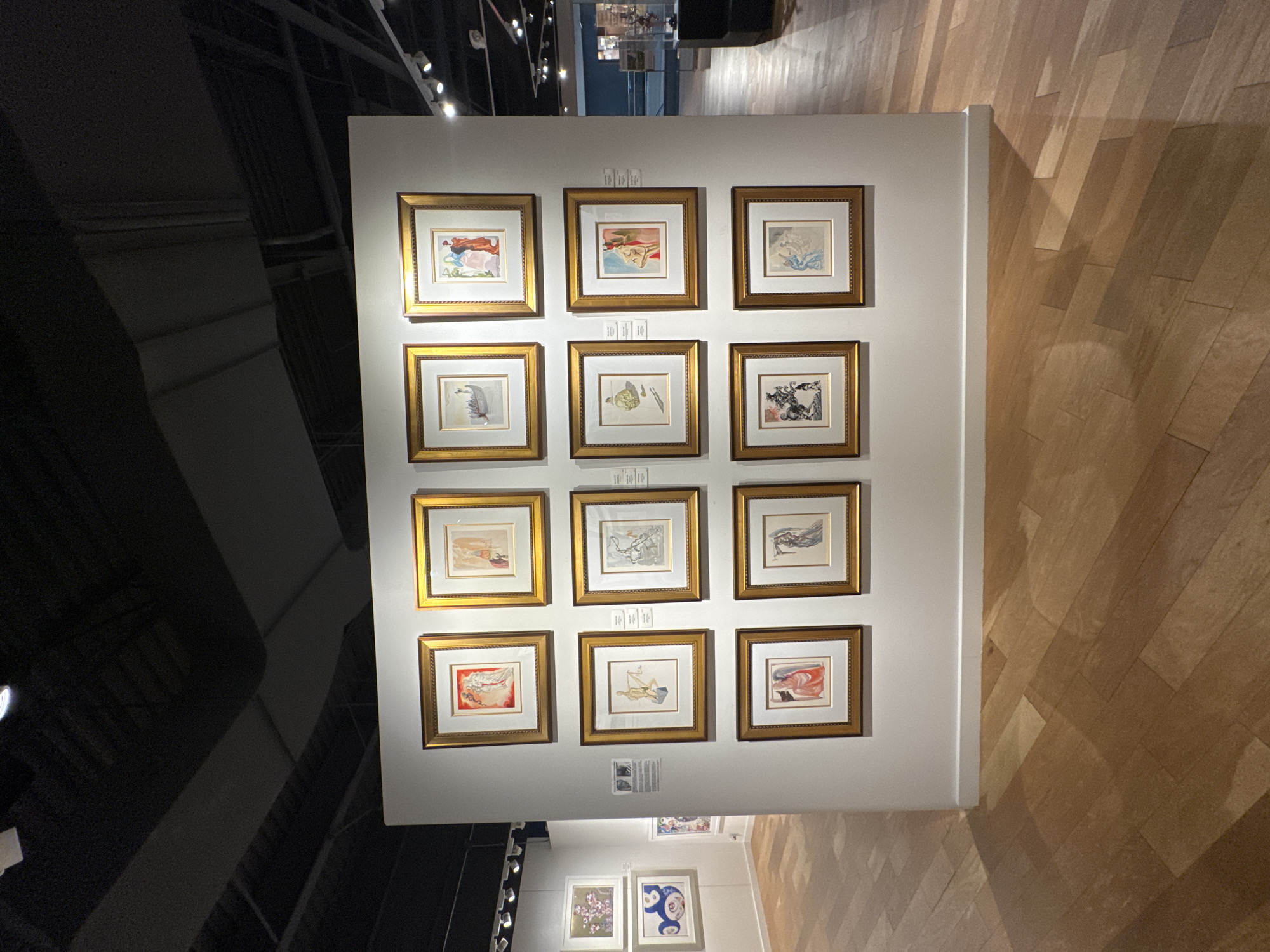 The image shows a collection of twelve framed artworks displayed on a white wall, likely inside an art gallery or museum. The frames are gold-colored, and the artworks appear to be prints or drawings, each with a different subject. The background includes a dark, reflective surface on the left, possibly a wall or panel, and a light wooden floor on the right. A lower section of the wall with additional framed pieces can be seen in the background, suggesting a larger exhibition. The location is in the city of Schaumburg, United States of America. There are no people visible in the image.