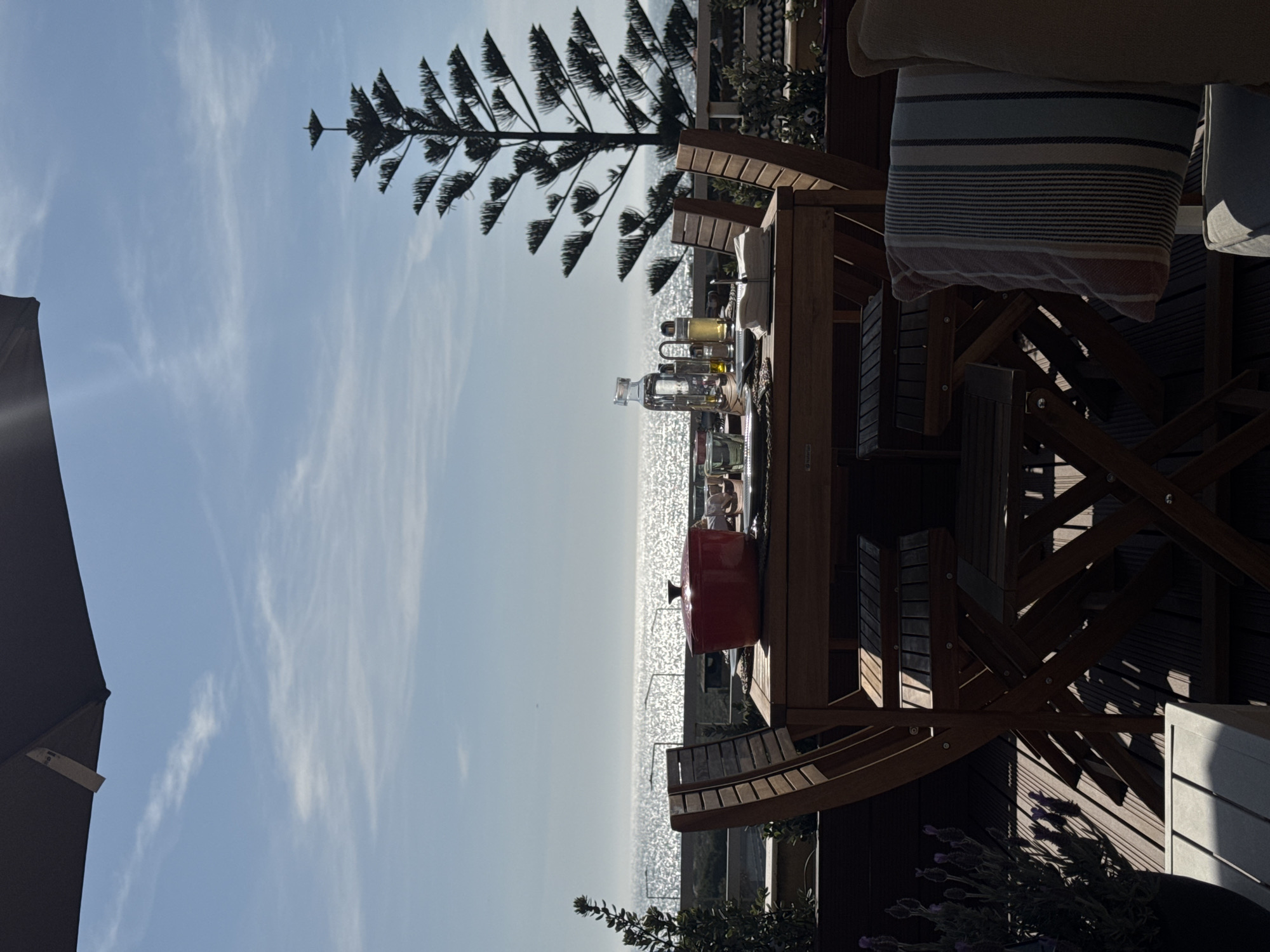 The image, oriented vertically, depicts an outdoor dining setup on a sunny day, overlooking a shimmering body of water.
In the center of the frame, a rustic wooden outdoor dining table is set with various items. Several clear glass bottles, possibly containing olive oil, vinegar, and water, are arranged on the table, along with drinking glasses. A prominent red Dutch oven or cooking pot with a lid sits on the table, suggesting a meal is being served or kept warm. Wooden chairs with slatted designs surround the table, some partially visible and one with a striped cushion (blue, white, and red/orange).
The background features a vast expanse of calm, light blue water, which intensely reflects the sunlight, creating a sparkling, almost ethereal horizon line where it meets the pale blue sky. Wispy white clouds are scattered across the sky.
To the right, a tall, narrow conifer tree, possibly a type of pine, stands silhouetted against the sky, its branches extending horizontally with distinct, triangular leaf clusters. On the far left, the edge of a dark umbrella provides shade to a portion of the scene. In the foreground and bottom right, parts of a wooden deck structure, some potted plants (including lavender), and other outdoor furniture are visible, casting long shadows.
The scene suggests a peaceful outdoor meal or gathering on a patio or balcony. The strong reflections on the water and the long shadows indicate it is either late morning or late afternoon. The weather appears clear and sunny. No people are visible in the image, and no discernible text is present. The setting is a coastal location, confirmed by the context of Vila Nova de Gaia, Portugal.
