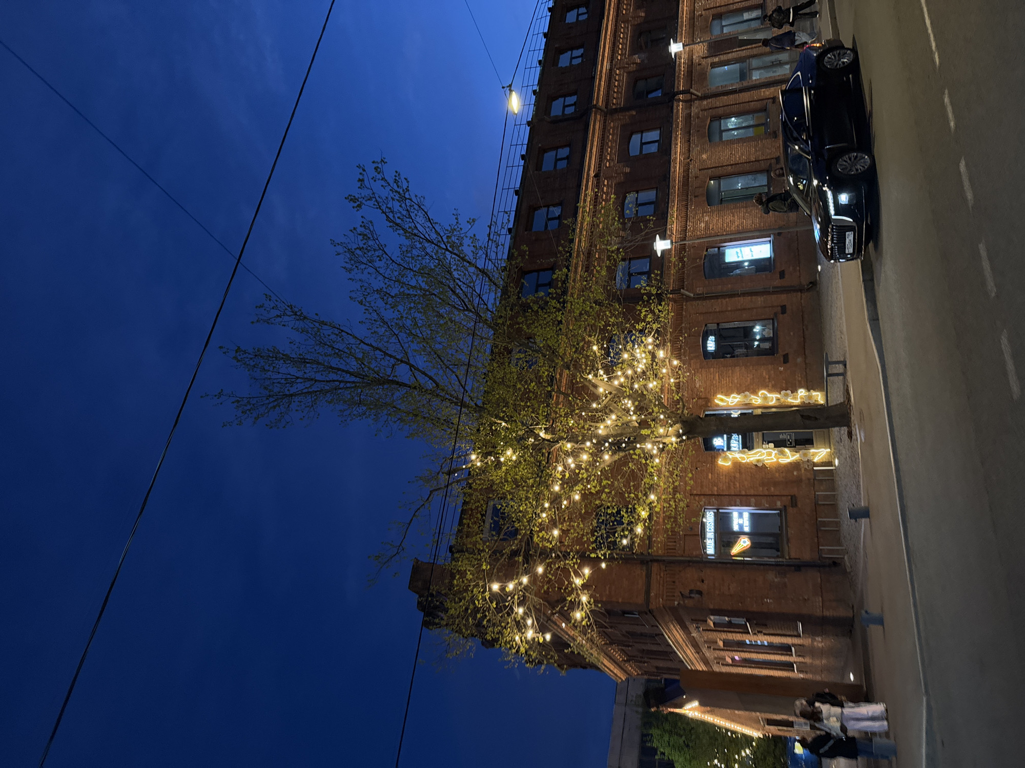 At dusk in Saint Petersburg, Russia, a multi-story brick building is lit by street lights. A tree, adorned with strings of lights, stands in front of the building. A black car is parked along the street. Pedestrians stand on the sidewalk. Overhead, power lines stretch across the sky.
