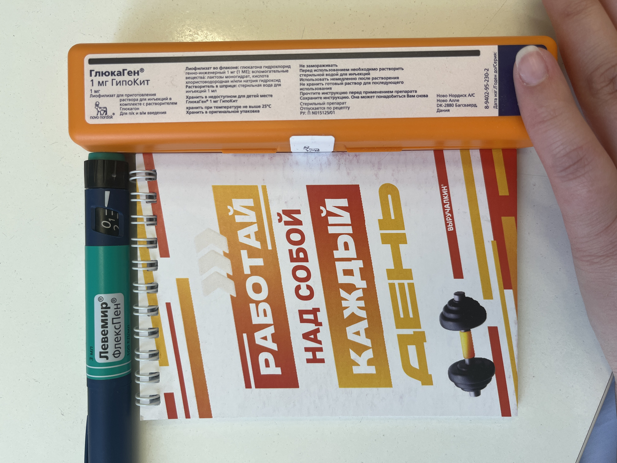 The image captures a tabletop arrangement of medical supplies and a motivational notebook in a domestic setting, likely in Chaikovsky, Russia. The main subjects are an orange box of "ГлюкаГен® 1 мг ГипоКит" (GlucaGen® 1 mg HypoKit), a blue and green "Левемир® ФлексПен®" (Levemir® FlexPen®) insulin pen, and a spiral-bound notebook.
The GlucaGen box, from Novo Nordisk, is for treating severe hypoglycemia and contains lyophilized glucagon hydrochloride. Its Russian text details instructions for use, such as "Не замораживать" (Do not freeze) and requiring dissolution with sterile water. It states "Отпускается по рецепту" (Dispensed by prescription) and lists Novo Nordisk A/S in Denmark as the manufacturer. A batch number "8-9402-95-230-2" is partially visible on the right.
Adjacent to the box is the Levemir FlexPen, an insulin injector labeled "3 мл" and "100 ЕД/мл," with a visible dosage dial.
A central spiral-bound notebook displays large, multicolored Russian text: "РАБОТАЙ НАД СОБОЙ КАЖДЫЙ ДЕНЬ" (WORK ON YOURSELF EVERY DAY), complemented by an illustration of a black and yellow dumbbell. The word "ВЫРУЧАЛКИН" (Vyrichalkin, potentially a brand or name) is printed vertically on its edge. A person's thumb and forefinger are visible on the far right, near the GlucaGen box.
The combination of glucagon (for low blood sugar) and insulin (for high blood sugar) strongly suggests the items belong to an individual managing diabetes. The notebook's motivational message and fitness imagery imply a focus on proactive health and well-being. The scene depicts a personal space where health management and self-improvement are priorities.