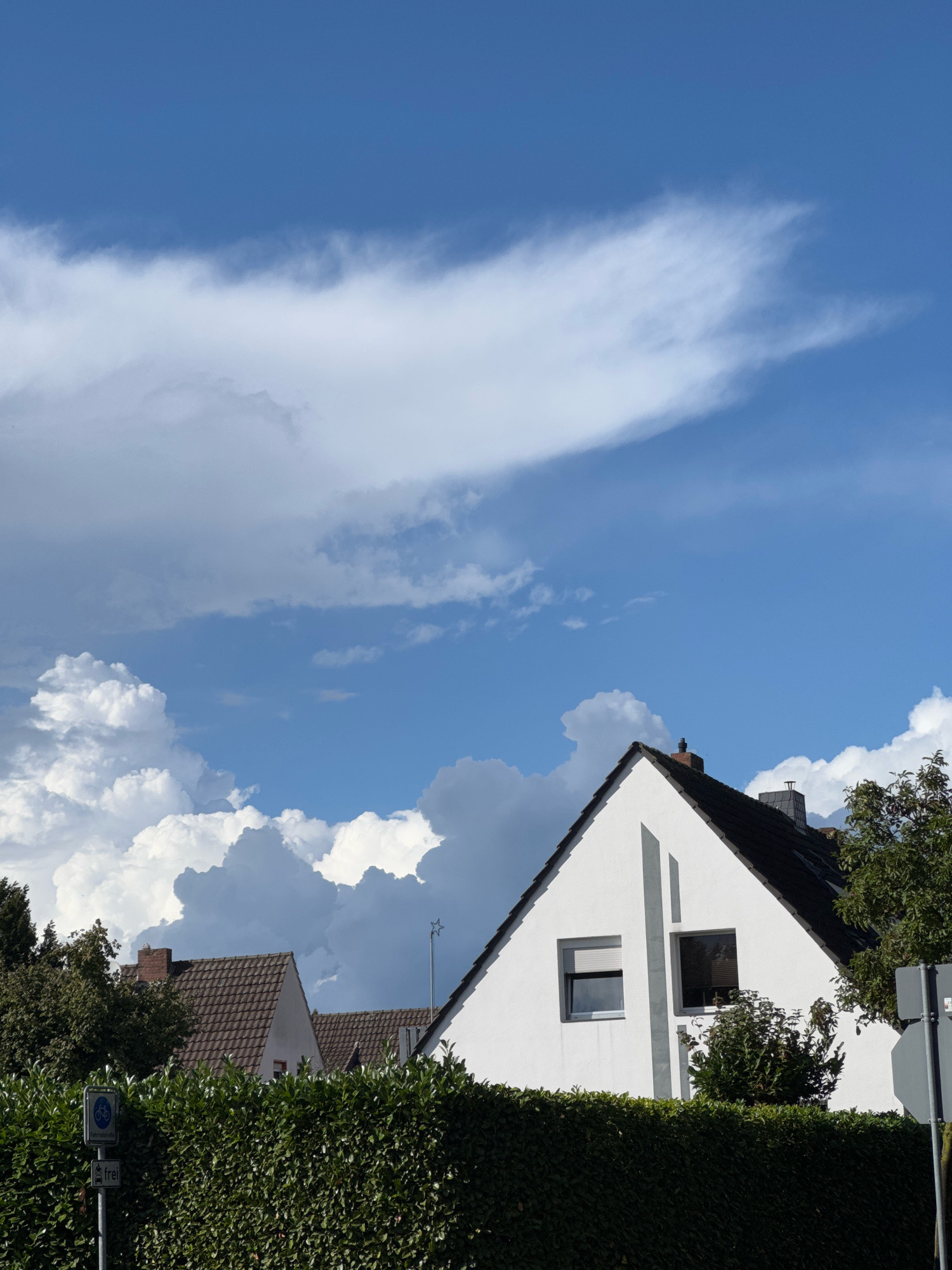 This is a photograph of a suburban street scene in Cleves, Germany, under a dynamic sky. The foreground features a meticulously trimmed, dark green hedge. To the left, a metal pole supports two traffic signs: the upper sign displays a bicycle symbol within a blue circle, indicating a bike path, and the lower sign is a rectangular white sign with the word "frei" (free) in black text, suggesting the path is open or unobstructed.
Behind the hedge, several houses are visible. A white-fronted house with a dark roof dominates the center-right of the frame. It has a steep gabled roof, a dark chimney, and two windows on its upper story. The left window is covered by a roller blind, while the right window has horizontal blinds. Adjacent to this house, to its left and slightly further back, is another house with a brown tiled roof and a red brick chimney. More trees and foliage are interspersed between the houses.
The sky is a prominent feature, filled with a mix of bright blue sky and dramatic, billowing clouds. Large, white cumulus clouds are clustered towards the left and center, with some darker, more ominous clouds appearing behind them. A wispy cloud formation stretches across the upper portion of the sky. The lighting suggests it is daytime, likely late afternoon, with the sun illuminating the white house and the tops of the clouds.
