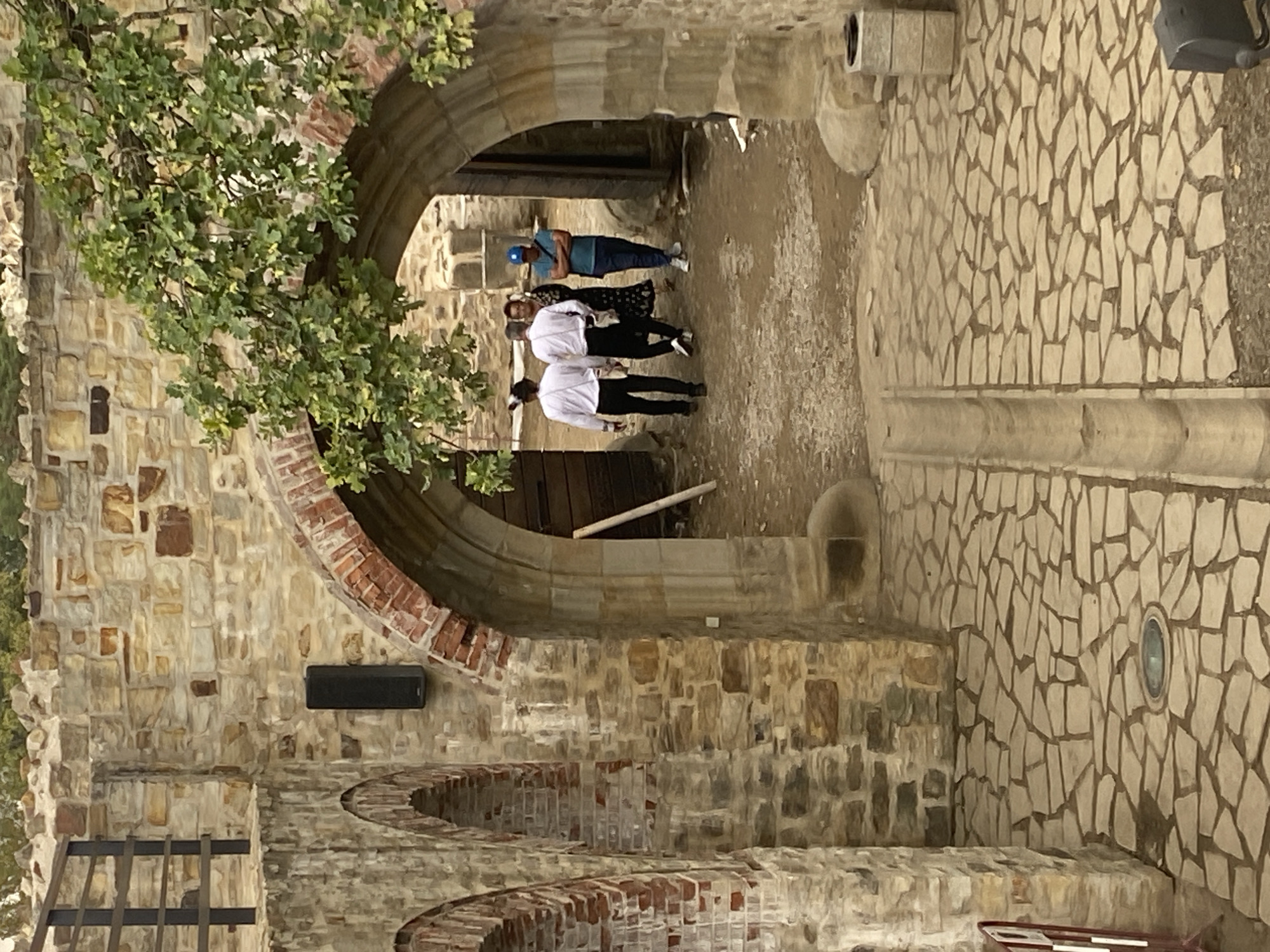 In Suceava, Romania, the exterior of the Șcheii Monastery courtyard is depicted. The scene showcases the stone and brick architecture of the monastery, featuring arches, walls, and a cobbled pathway. Several individuals are observed walking through a large arched entrance, leading into a more open area of the courtyard. The environment suggests an historical or religious site, with weathered stone structures and natural greenery from a tree branch extending into the frame. The individuals appear to be visitors or staff, casually dressed and walking in different directions. The overall impression is one of a well-preserved historical location.