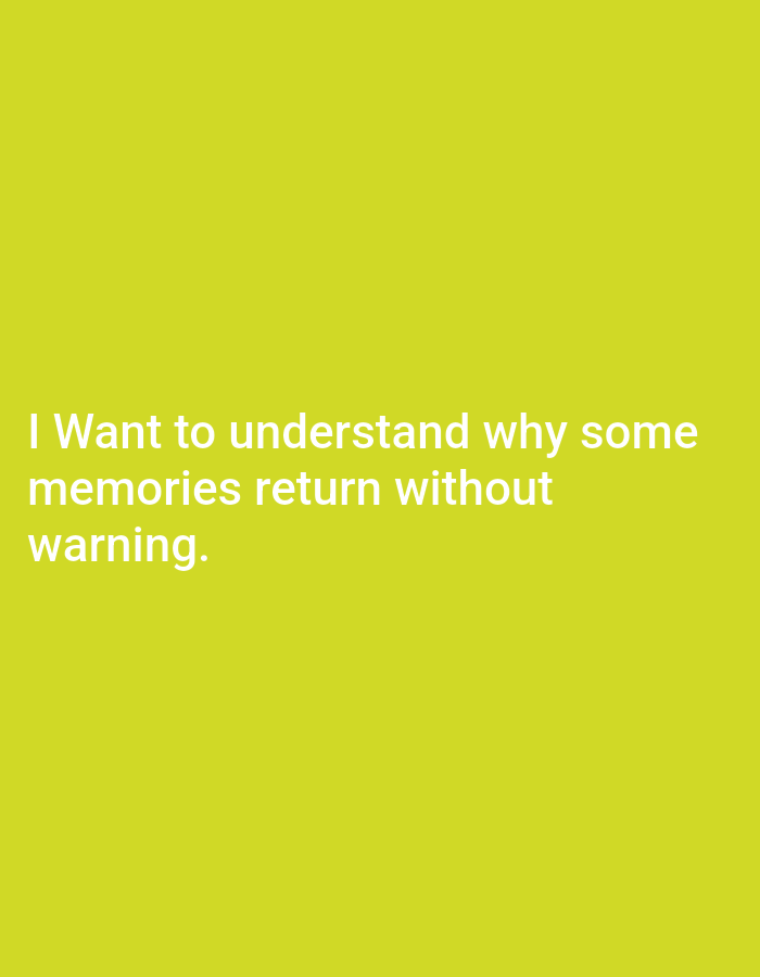 The image is a photograph with a plain, bright yellow background. White text is overlaid on the bottom left quadrant of the image, reading "I Want to understand why some memories return without warning." There is no identifiable location, people, or objects other than the text. The provided context about Genteng, Indonesia is not visually represented in the image.