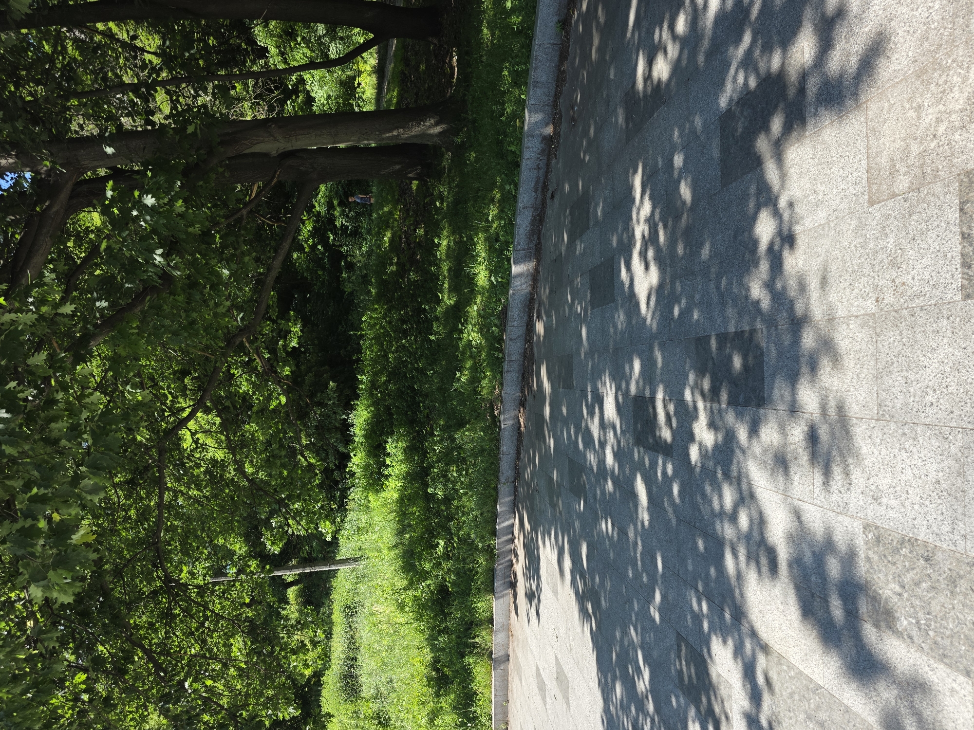 The image depicts a sun-dappled paved area in a park in Kyiv, Ukraine. The ground is covered with large, grey stone tiles. Shadows of tree leaves are cast across the paving stones, creating a patterned effect. A low, grey stone curb separates the paved area from a grassy embankment. The embankment is covered in lush green grass and foliage, with several mature trees with dense green leaves visible in the background. One person, appearing as a small figure in the distance on the grassy slope, is wearing a blue top and dark shorts and walking away from the viewer. The overall scene suggests a bright, sunny day in a well-maintained park.