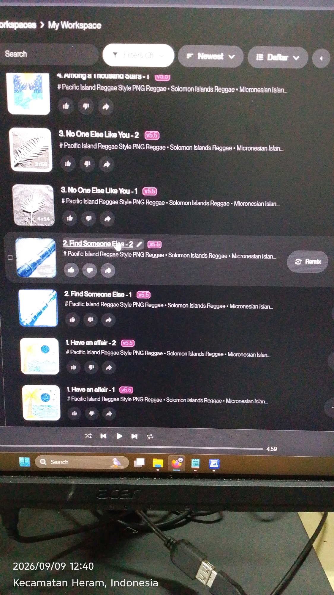 The image shows a computer screen displaying a playlist of songs. The songs are labeled with titles such as "4. Among a Thousand Stars - 1", "3. No One Else Like You - 2", "3. No One Else Like You - 1", "2. Find Someone Else - 2", "2. Find Someone Else - 1", and "1. Have an affair - 2", "1. Have an affair - 1". Each song entry includes hashtags related to "Pacific Island Reggae Style PNG Reggae", "Solomon Islands Reggae", and "Micronesian Islan...". Some entries have version numbers like "v5.5" or "v5.5J". There are also icons for liking, disliking, sharing, and playing the songs. Below the playlist, there is a search bar and a media player interface with playback controls. The bottom of the image shows a timestamp "2026/09/09 12:40" and a location "Kecamatan Heram, Indonesia".