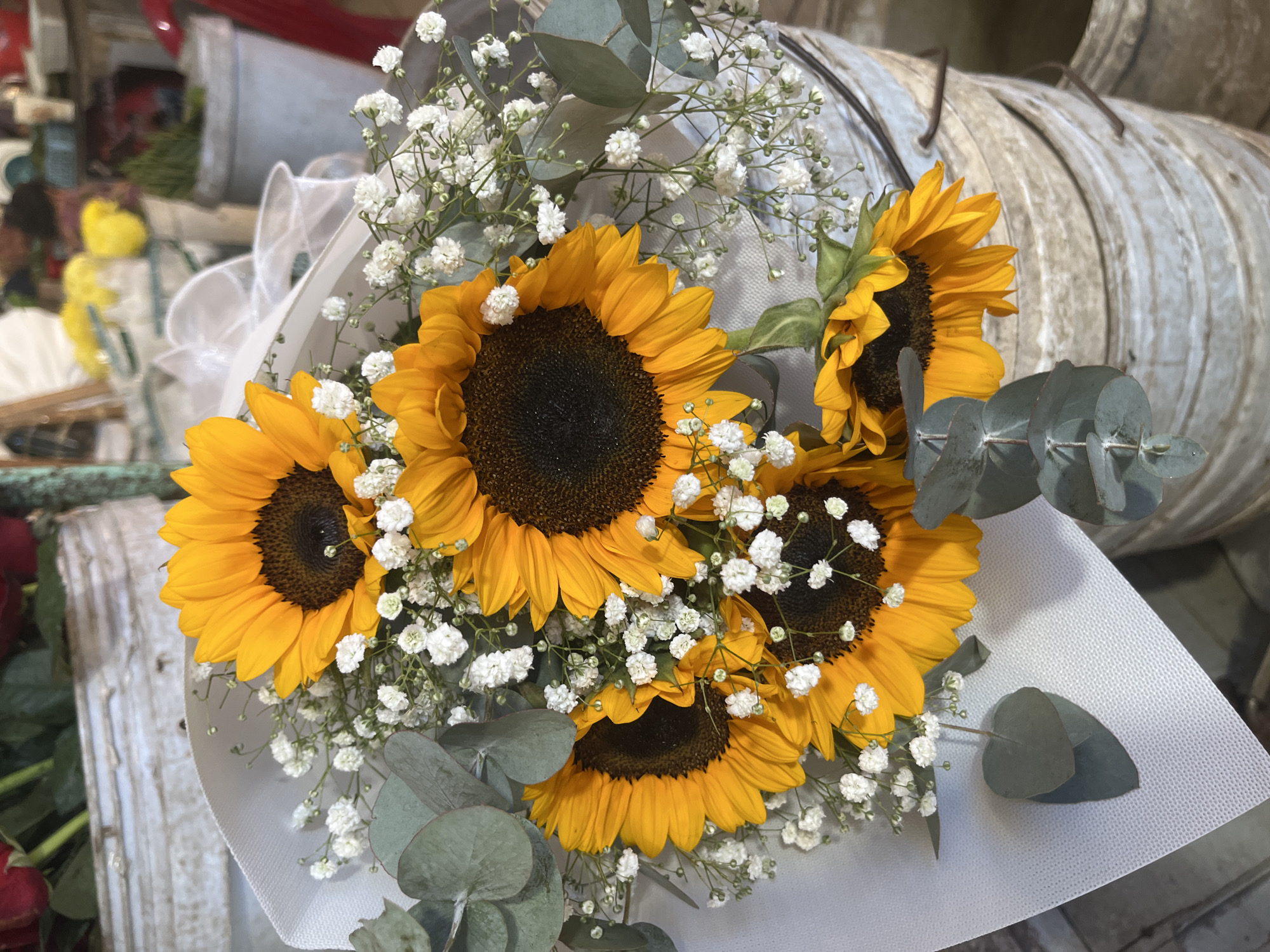 In an outdoor setting, likely a market or flower shop in Bac Nha Trang Ward, Vietnam, a bouquet of sunflowers is presented in a rustic display. The sunflowers, characterized by their bright yellow petals and dark brown centers, are the focal point. They are interspersed with delicate white baby's breath flowers and accented with grey-green eucalyptus leaves. The bouquet is wrapped in white paper and tied with a sheer white ribbon. The sunflowers are arranged in a way that suggests they are about to be sold or have just been prepared. In the background, several weathered metal buckets, likely used for holding flowers or water, are stacked, adding to the natural, unrefined aesthetic of the scene. The lighting suggests it is daytime, possibly with indirect sunlight.