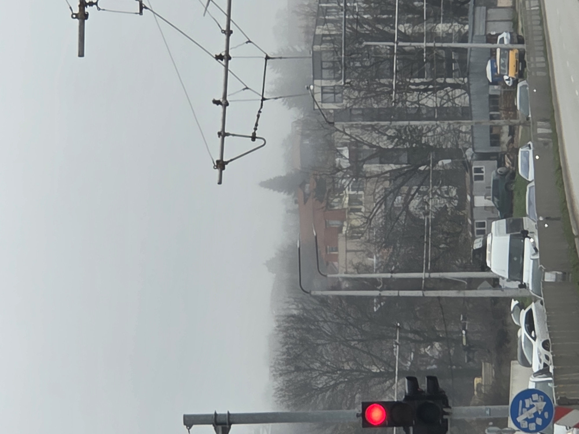The image depicts a street scene in Varna, Bulgaria on a foggy day. A red traffic light is visible in the foreground. Further into the scene, parked cars line the right side of the road. Behind the parked cars are apartment buildings obscured by the fog, and bare trees are visible in front of and around the buildings. Overhead power lines are visible in the upper left of the frame.