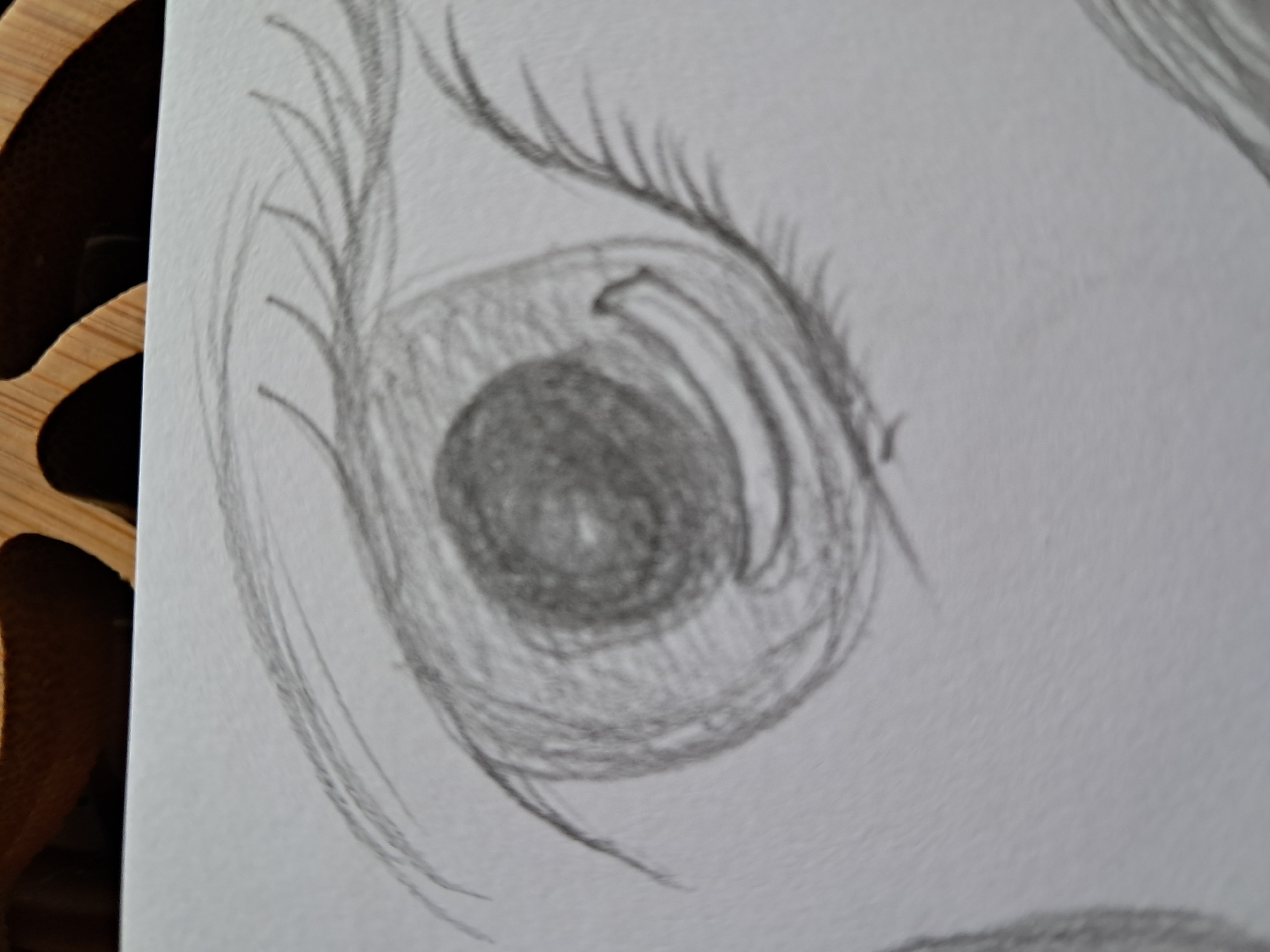 The image is a close-up, high-angle, black and white photograph of a pencil sketch of an eye on a textured white paper. The sketch is incomplete, showing only the right eye of a person. The iris is heavily shaded, with concentric circles suggesting depth. The pupil is a dark, central circle. Eyelashes are drawn above and below the eye, with the upper eyelashes being more prominent and elongated. The eyelid crease is also visible. The sketch is slightly blurred, indicating movement during the capture or a shallow depth of field. The background of the image is out of focus, revealing a curved, wooden object with a light brown hue, possibly part of furniture or a decorative item. The scene is set in an indoor environment, with no discernible city or specific location details.
