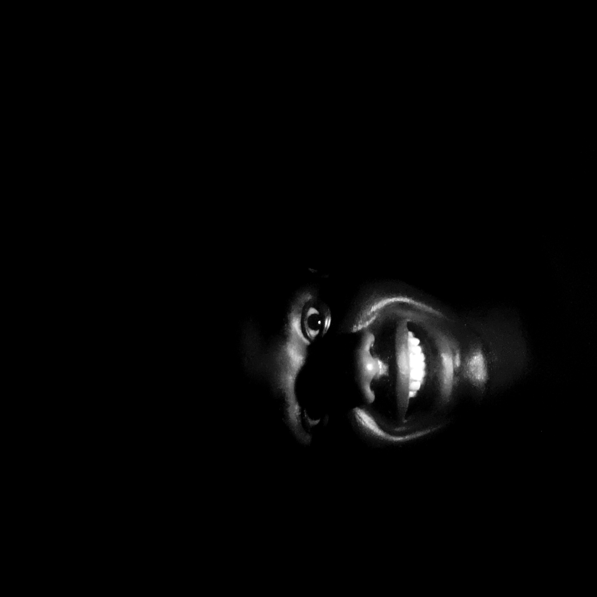 The image shows a close-up of a dark-skinned person's face in near darkness. The person is smiling widely, revealing their teeth. The eye closest to the viewer is open and reflects a small amount of light. The nose is also visible. The background is completely black. There is no indication of the location being Narayi, Nigeria or any other specific location in the image.