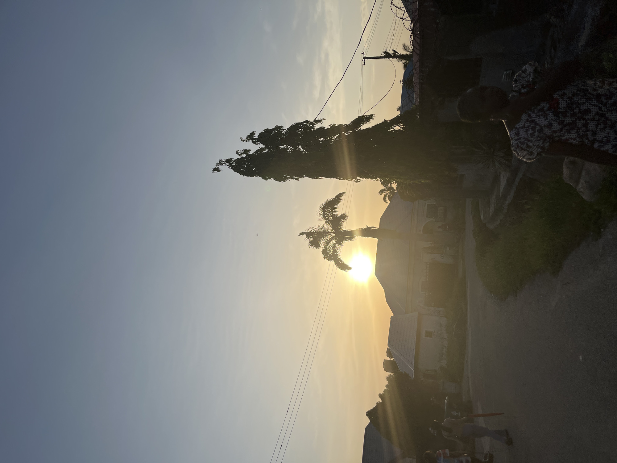 A dusk scene in Abuja, Nigeria shows a palm tree and other foliage silhouetted against a golden sky, where the sun blazes intensely. Utility poles and wires are visible. In the foreground, a dark road stretches into the distance. Buildings and people are also present, their shapes obscured by the low light.