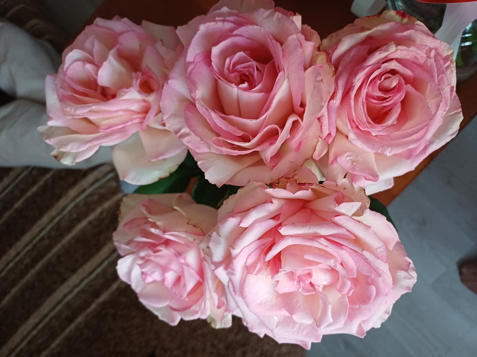 This media file is a close-up, top-down photograph of a bouquet of pale pink roses. The roses are the primary subject, with their delicate petals in various stages of bloom. Some roses are more tightly furled, showing their spiral centers, while others are more open, revealing layers of soft pink and white petals. There are small water droplets visible on some of the petals, suggesting they have been recently watered or misted.
The background is out of focus, but it appears to be a domestic setting. On the left, there is a textured surface that looks like fabric, possibly a couch or chair, in a neutral color. Below the roses, a brown, striped surface, likely a rug or table runner, is visible. In the upper right, a blurred area suggests a countertop or table, and a glimpse of a glass object, possibly a vase or bottle, can be seen. The lighting is soft, suggesting it might be daytime, but no strong shadows are present.
No people are visible in the photograph. The overall mood conveyed is one of gentle beauty and tranquility, highlighting the natural elegance of the roses. There is no visible text in the image.