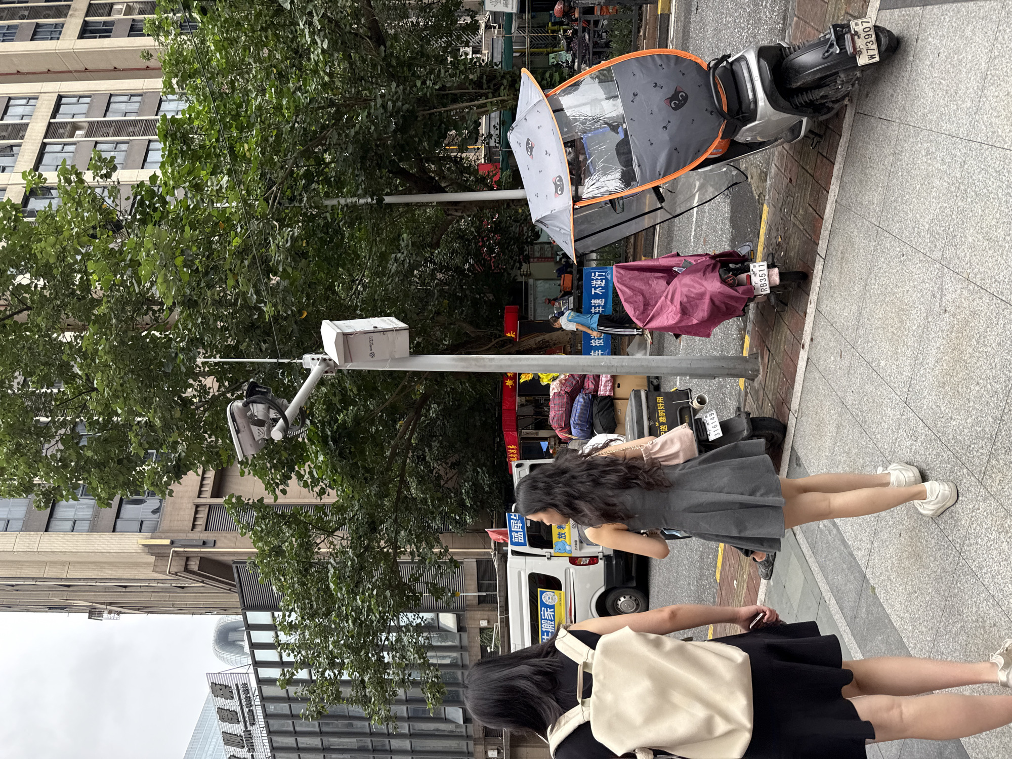 In Haizhu District, China, two women walk on a sidewalk in front of a street with vehicles. The woman on the left wears a black dress and a beige backpack. The woman on the right wears a gray dress and carries a pink purse. A white van is parked on the street, along with two scooters. One scooter is covered with a gray canopy featuring cat and fishbone patterns. Buildings and trees line the street. A security camera is mounted on a pole.