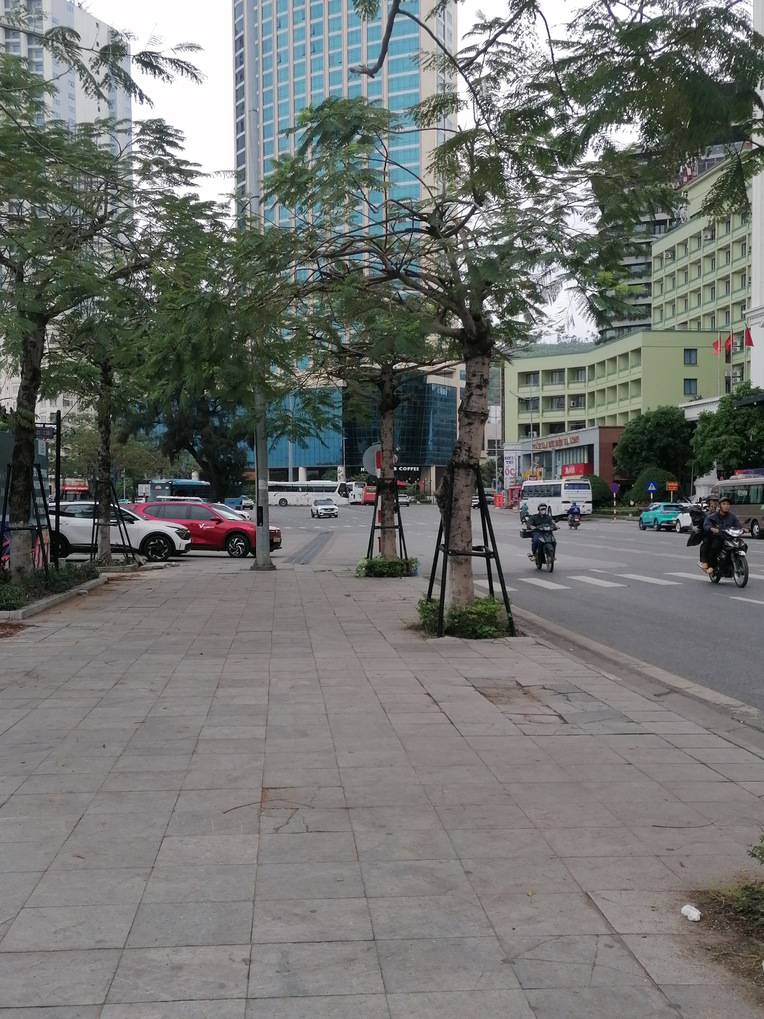 This daytime image depicts a lively urban street scene in Bai Chay Ward, Vietnam, under an overcast sky.
In the foreground, a wide sidewalk paved with grey concrete tiles, showing some cracks and wear, stretches towards the background. Several young trees with green foliage are planted along the sidewalk's edge, each supported by black metal frames.
The midground features a multi-lane asphalt road with active traffic. Motorbikes and scooters, ridden by individuals wearing helmets, are prominent, with two actively moving towards the right side of the frame. A light blue sedan is also visible on the road, along with a white tourist bus and another city bus further back. On the left, a white SUV and a red VinFast SUV are parked, indicating a parking area or shoulder.
The background is dominated by various buildings. On the left, a tall, modern high-rise with blue-tinted glass windows stands against the sky. To the right, a distinctive multi-story building with a light green facade and numerous balconies is visible, adorned with several Vietnamese flags. Another tall building with a lighter facade is partially obscured by trees on the left.
Visible text includes the "VINFAST" logo on the red SUV, "SIEU THI OC" and "HA LONG" on signs associated with buildings in the background, and "31 13" on a street sign. The scene captures a typical, bustling urban environment with a mix of commercial and residential architecture, and a common mode of transport for Vietnam.