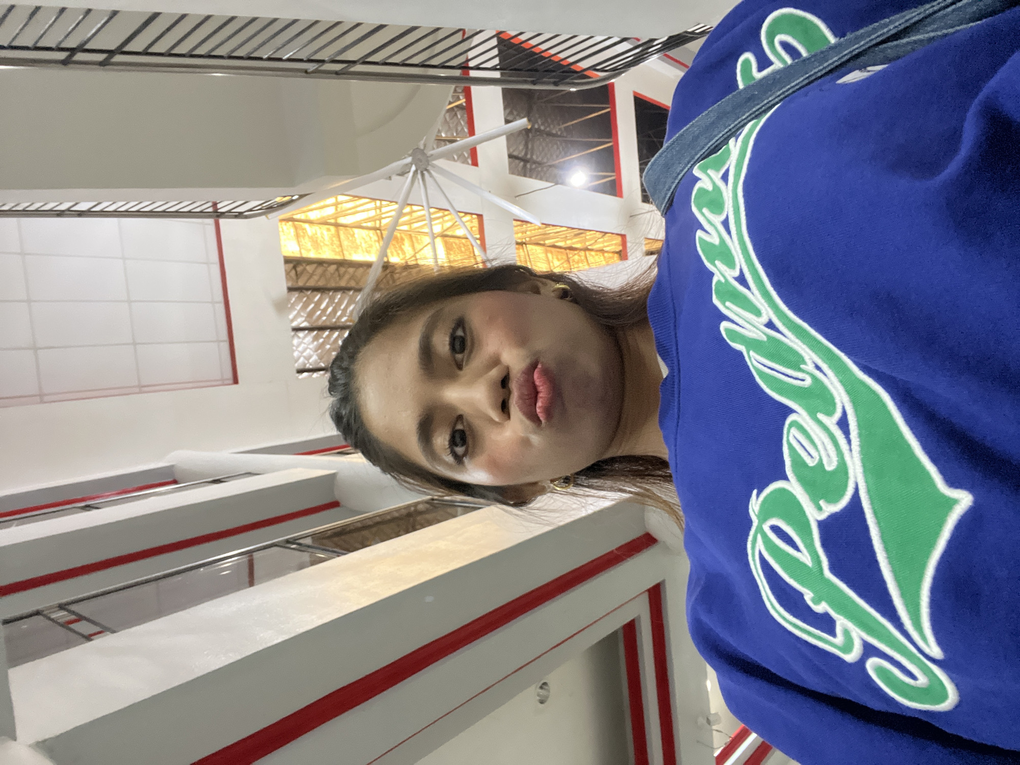 A young woman with brown hair is taking a selfie in what appears to be a multi-level indoor space with a modern architectural design. The woman is wearing a royal blue sweatshirt with a green and white cursive logo on it. She has her lips pursed in a kissing gesture and is looking directly at the camera. In the background, there are multiple levels of balconies with white railings that have red accents. The ceiling is a grid of white panels with some visible light fixtures. The overall impression is an indoor common area or atrium of a building. The context of Panabo, Philippines is not visually evident from the image itself.