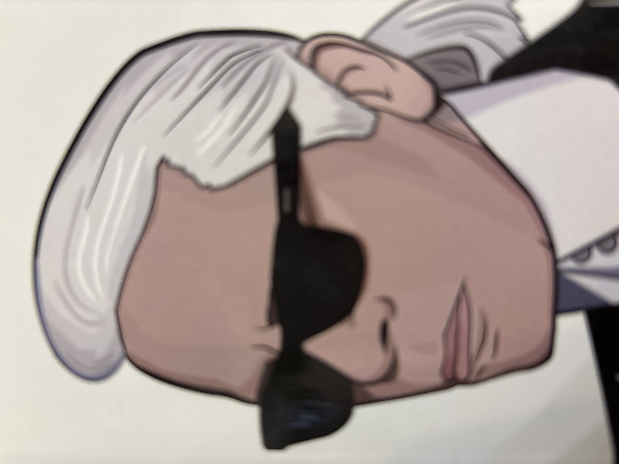 A stylized, cartoon-like illustration of the head and upper body of a person, resembling Karl Lagerfeld, is prominently displayed against a plain, light background. The figure features distinctive swept-back white hair, visible on the top and left side of the head. A large, dark pair of sunglasses obscures the eyes and the bridge of the nose. The visible skin on the face, including an ear on the right, is rendered in a light peachy-pink tone. A crisp, high white collar is visible on the right side, suggesting a formal shirt or garment. The art style employs bold, dark outlines and flat colors with minimal shading, characteristic of a graphic illustration or cutout. The image itself appears slightly out of focus, contributing to a soft blur, particularly around the edges of the figure. No specific activity is depicted, as it is a static portrait. There is no visible text.