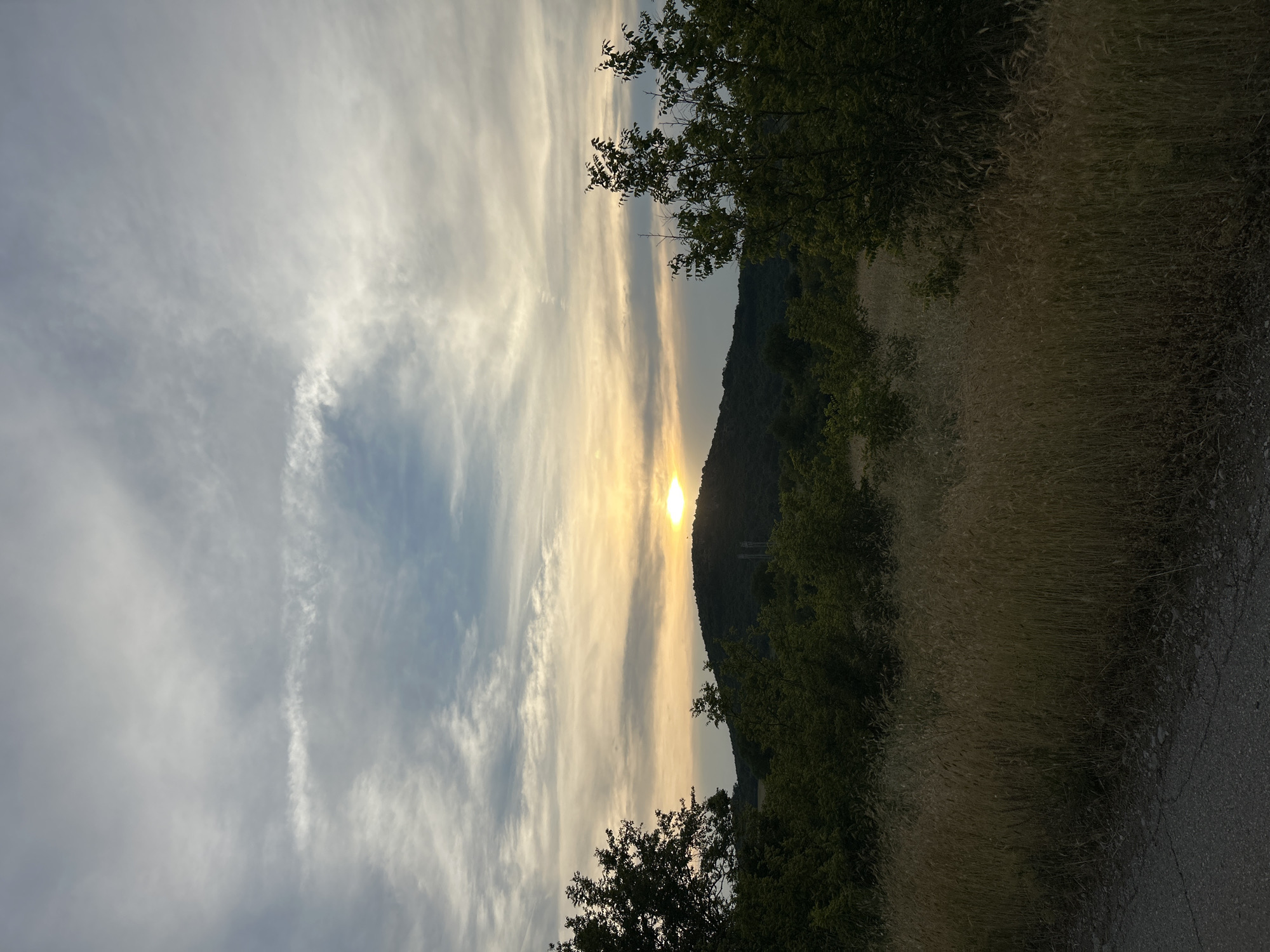 A sunset is captured over a hilly landscape near the village of Hotnitsa, Bulgaria. The sun is a bright orb, partially obscured by clouds and the silhouette of a hill. The sky is a mix of grey and pale yellow, with wispy clouds stretching across the frame. In the foreground, tall, dry grass dominates the scene, with scattered trees and bushes. A paved road or path is visible on the lower left. The overall impression is one of a serene, natural environment at dusk.