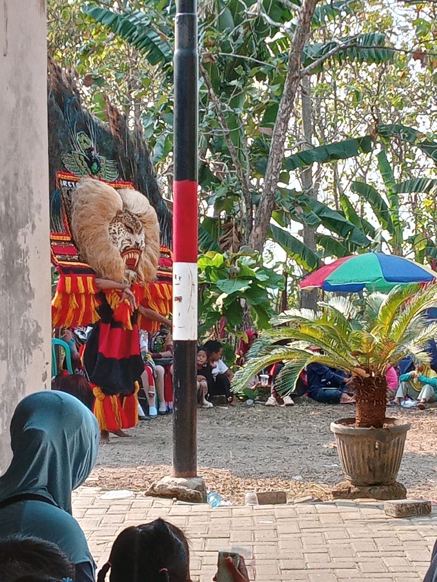 This is a medium shot photograph taken outdoors during the daytime in Kedunggudel, Indonesia. The image depicts a cultural performance, likely a traditional dance or ritual, as indicated by the prominent figure in the foreground. This performer is wearing an elaborate costume that includes a large, lion-like mask with a mane of light-colored hair, fierce teeth, and patterned markings resembling a leopard. The costume features vibrant colors, with red, yellow, and black being dominant. The performer's body is adorned with tiered, fringed decorations in yellow and red, and they are wearing black pants. Their arms are positioned in a dance-like pose.
Behind the performer, a tall, striped pole with red, white, and black sections stands vertically. The background reveals a natural setting with lush green foliage and trees. Several spectators are seated on the ground, observing the performance. Among them are children and adults, some of whom are wearing headscarves. A colorful, multi-colored umbrella with red, green, and blue sections is visible, providing shade. A potted palm plant with large, arching fronds stands in the foreground to the right, placed on a rough stone base. The ground is a mix of loose gravel and a paved brick pathway. The overall atmosphere suggests a community event or festival.